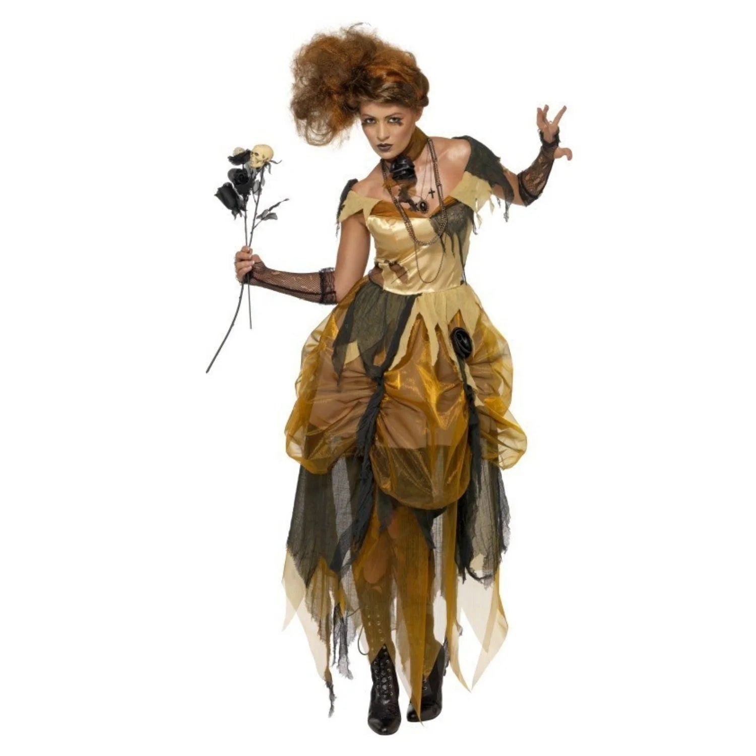 Disfraz neogótico para mujer con vestido negro y dorado para Halloween