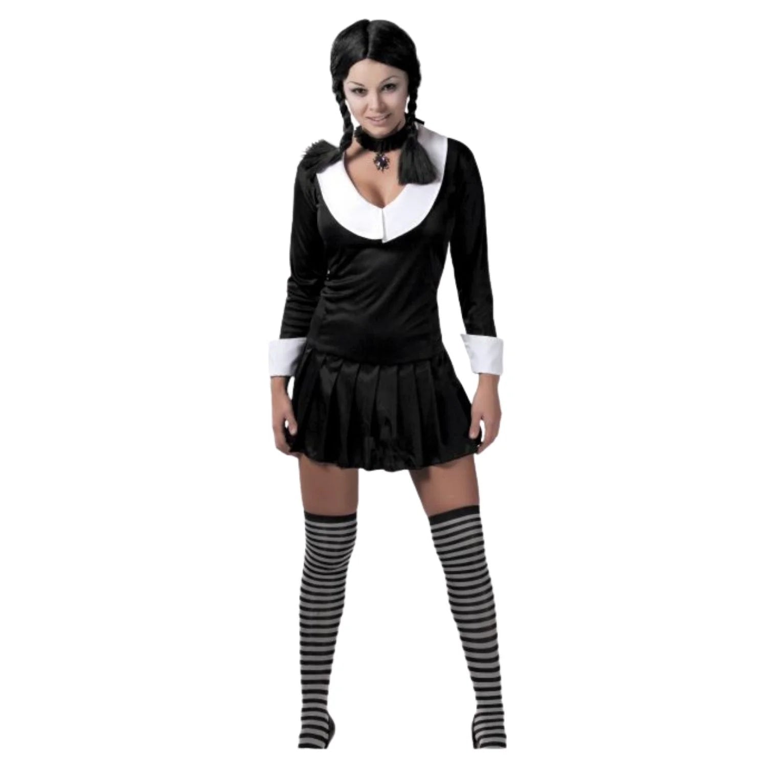 Disfraz Niña Addams adulta con vestido negro para Halloween