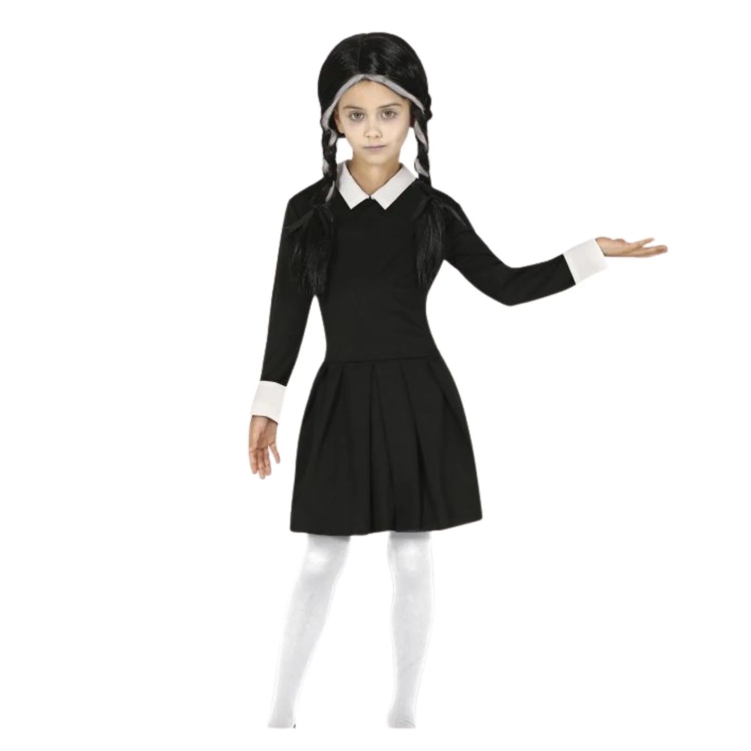Disfraz Niña Addams infantil vestido negro cuello blanco