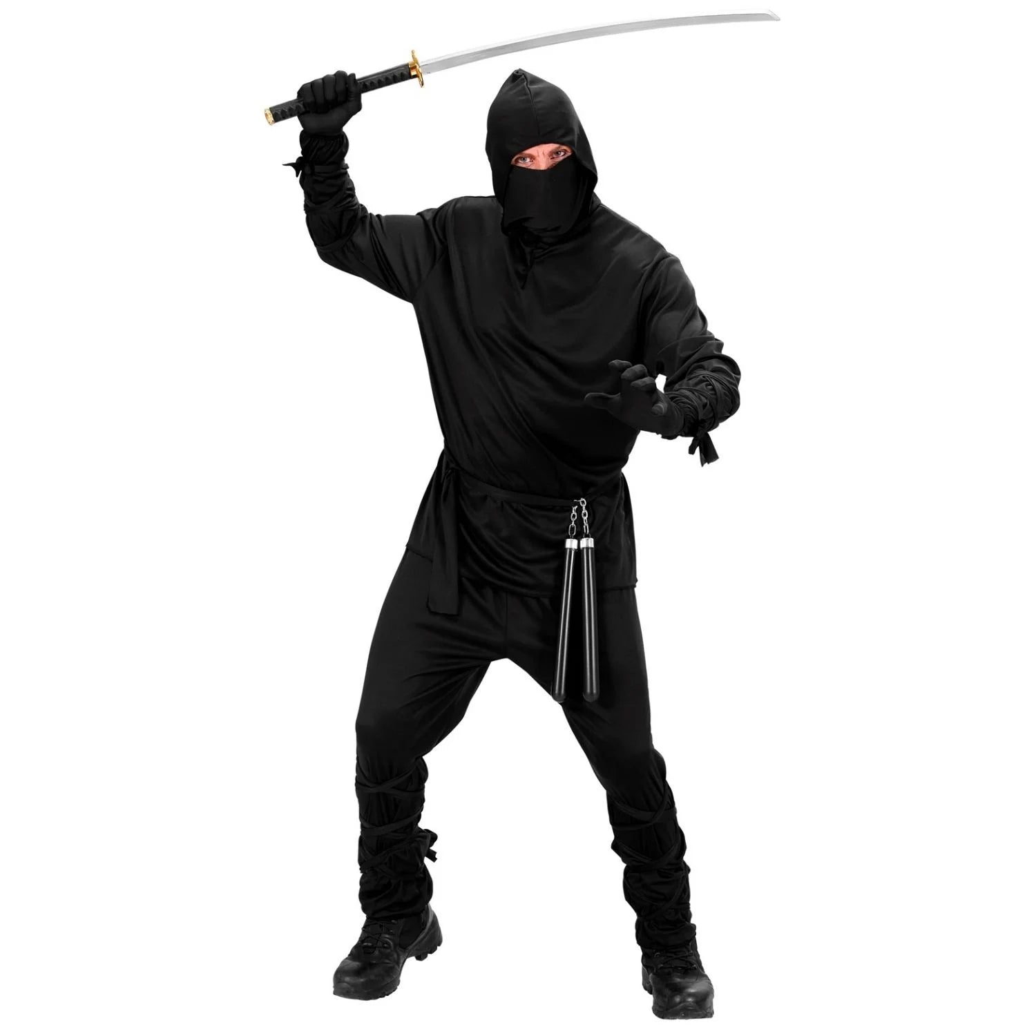 Disfraz Ninja Adulto negro con capucha, mascarilla y cinturón