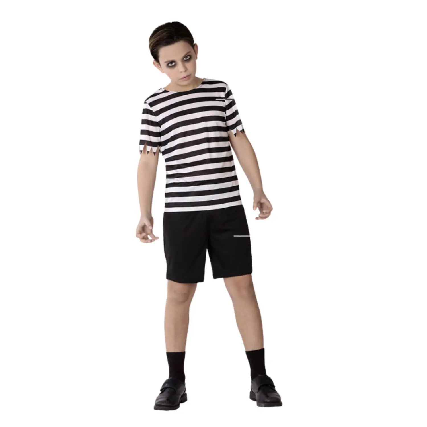 Disfraz de Niño Fantasma infantil con camiseta de rayas blancas y negras y pantalón negro