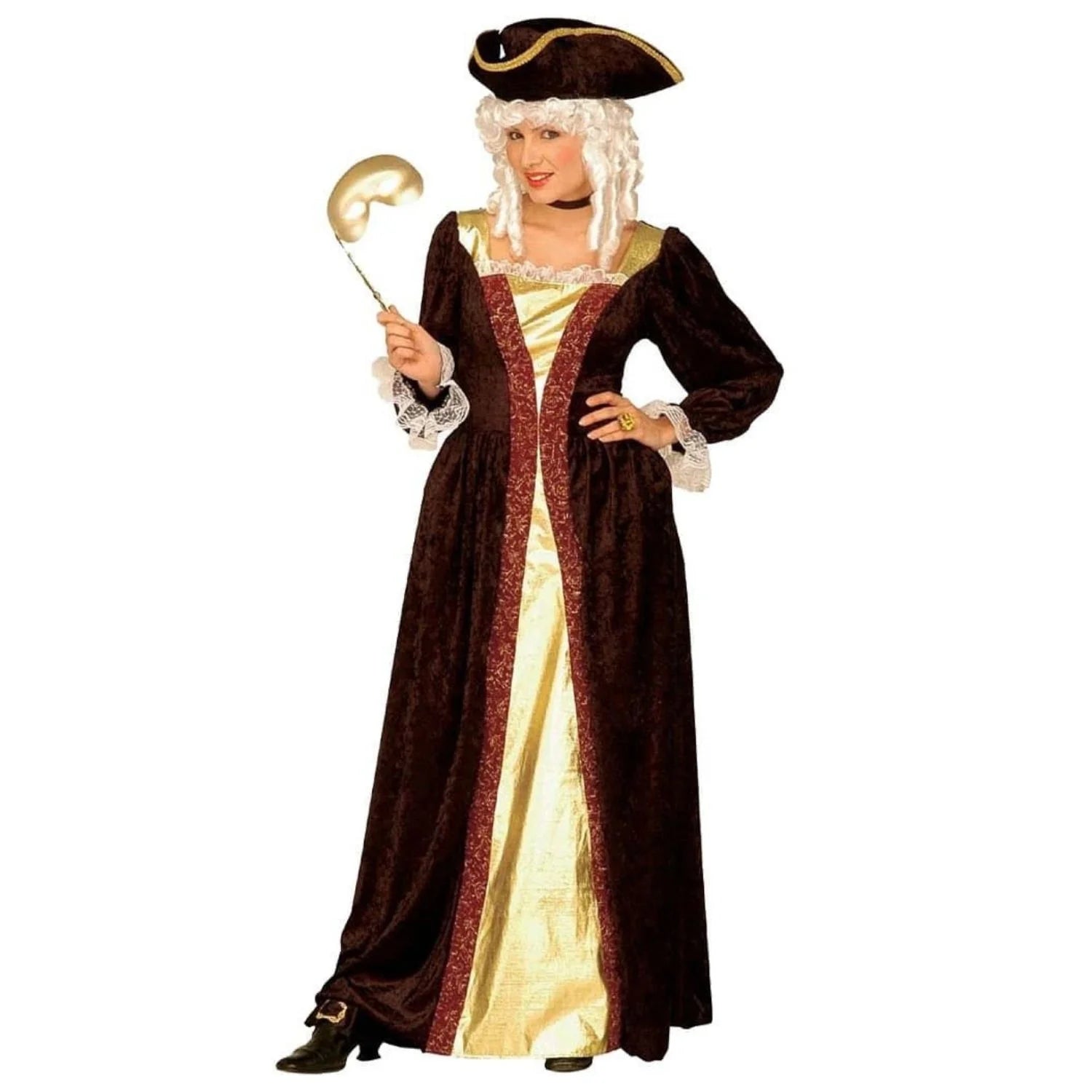 Disfraz de noble veneciana para mujer con vestido largo y sombrero