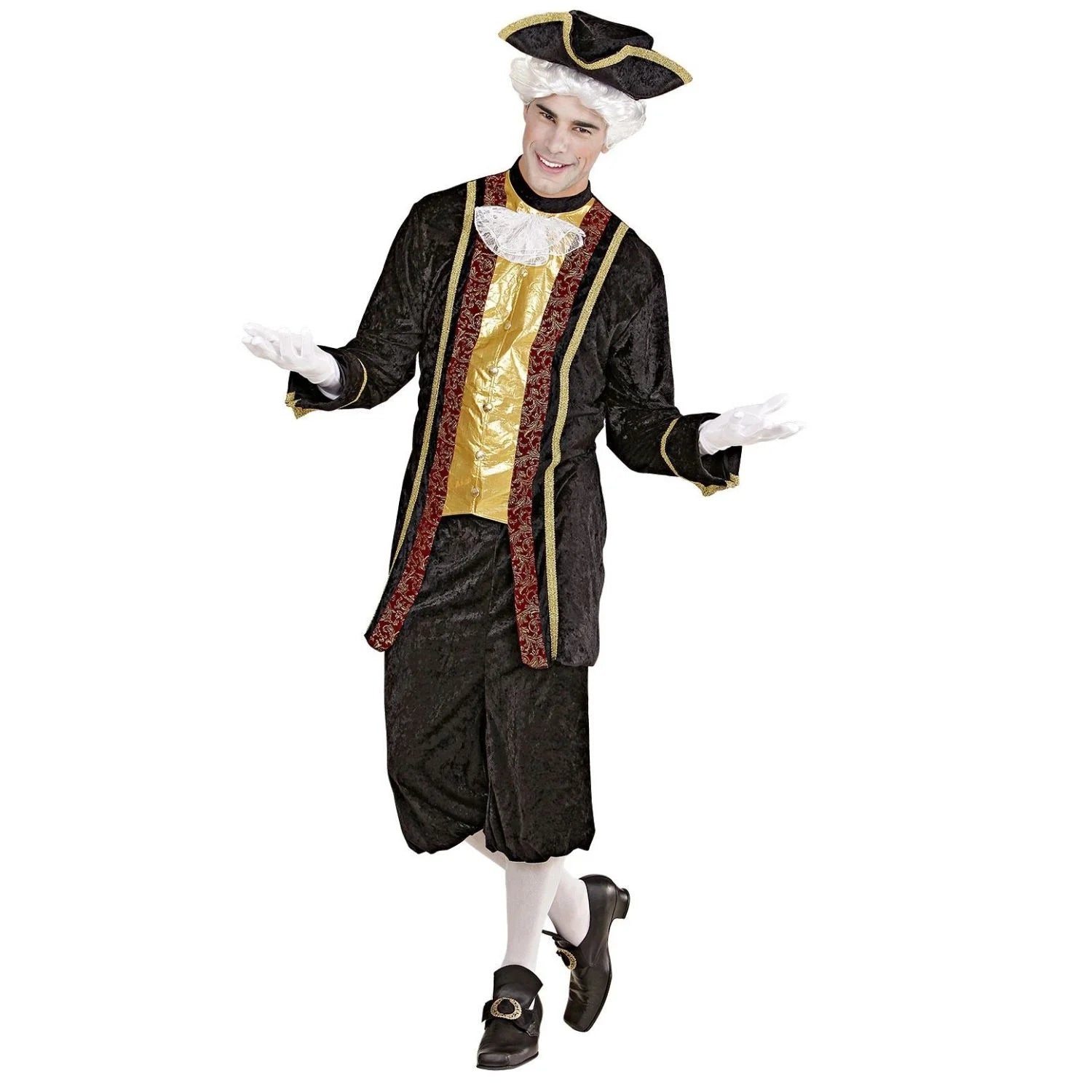 Disfraz de noble veneciano para hombre con casaca negra y sombrero