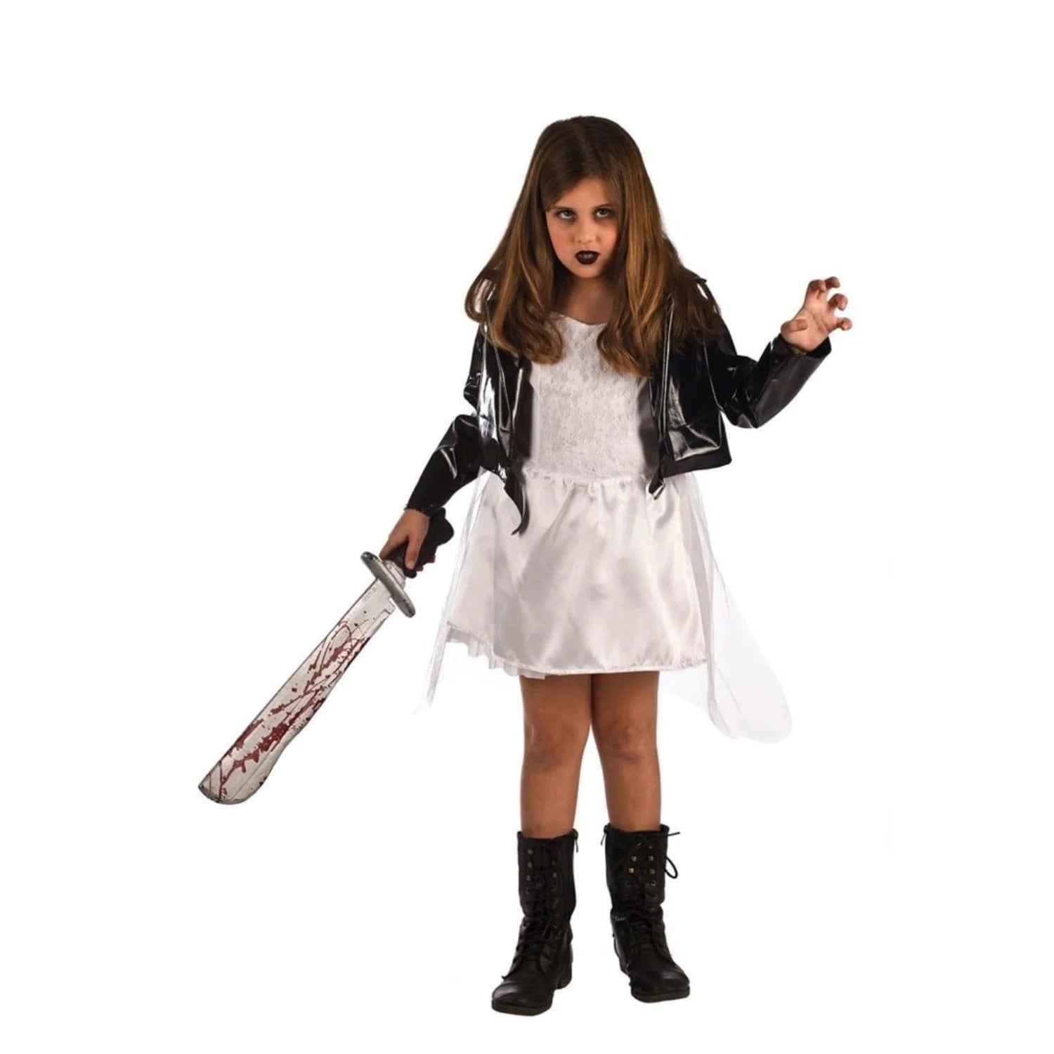 Disfraz novia payaso diabólico infantil con vestido blanco y chaqueta negra