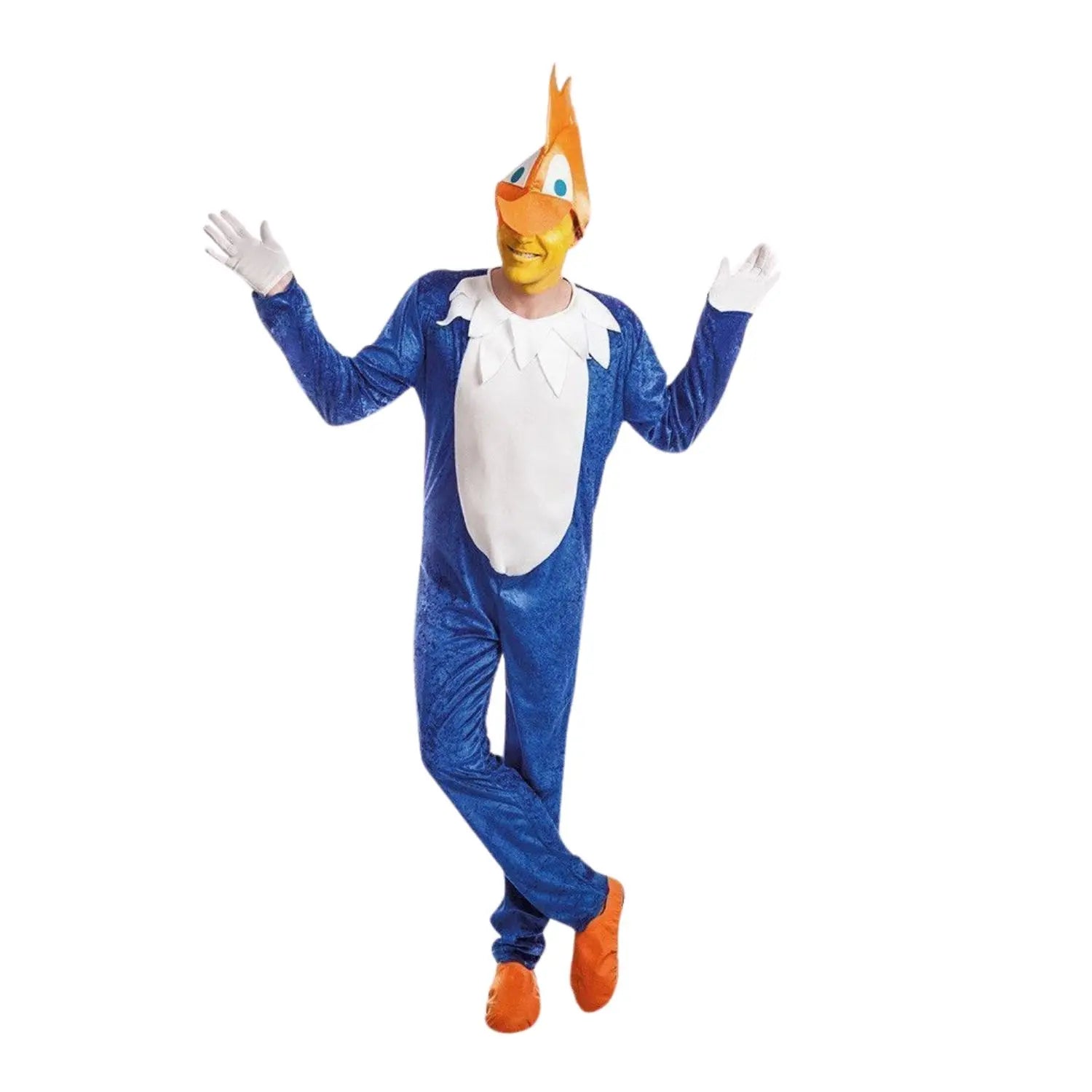 Disfraz Pájaro Loco para adulto con mono, gorro y cubrebotas