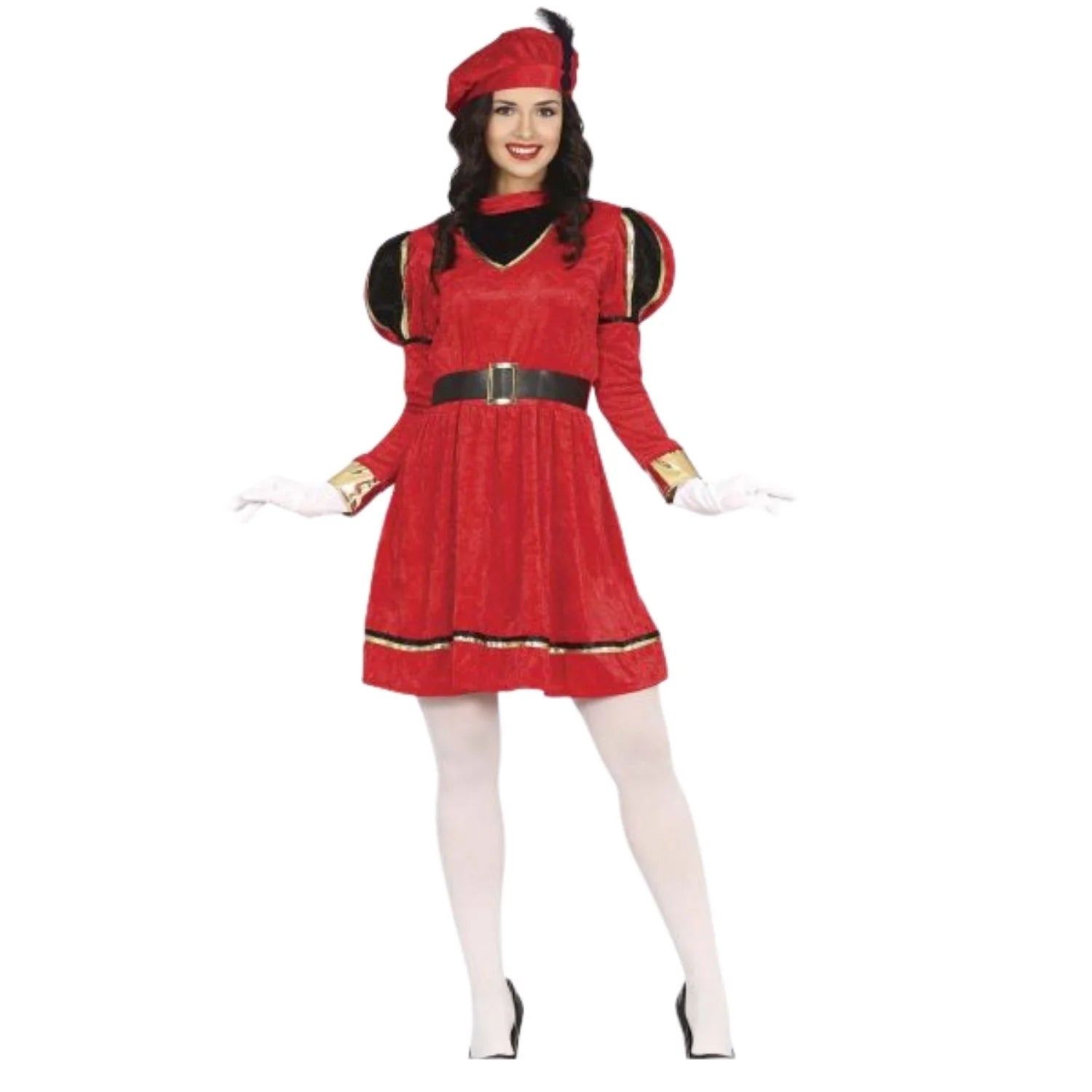 Disfraz de paje rojo para mujer con vestido, gorro y cinturón para Navidad