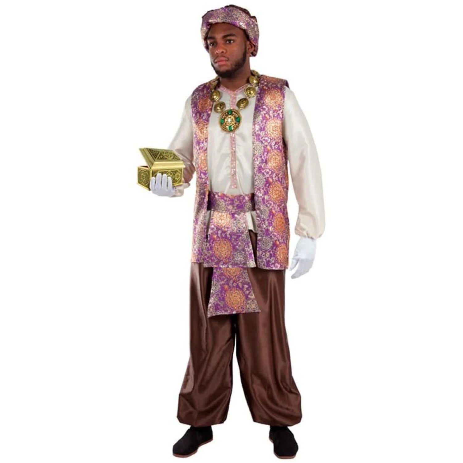 Disfraz Paje Real Baltasar adulto con turbante y chaleco morado y dorado