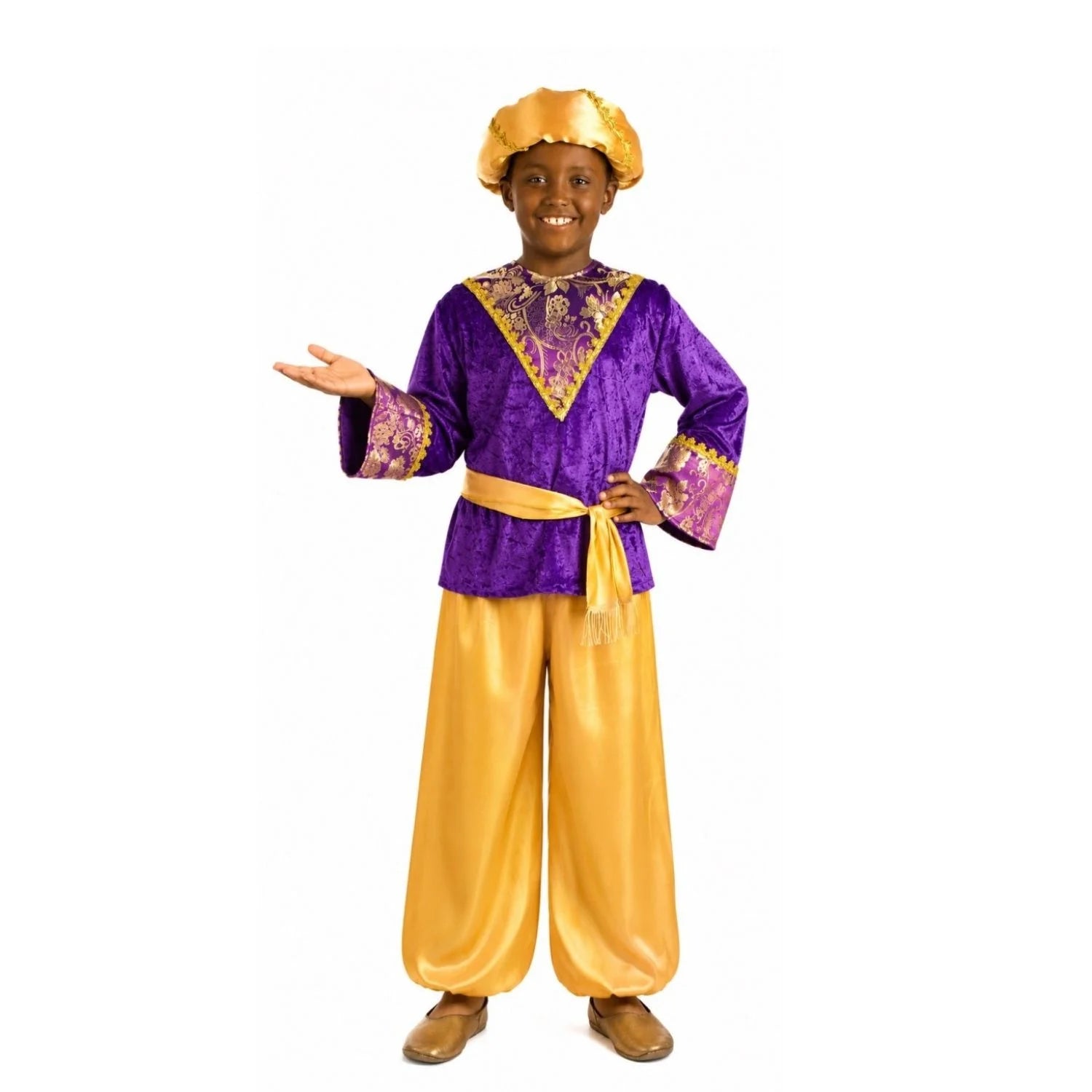 Disfraz paje rey Baltasar infantil morado y dorado para Navidad