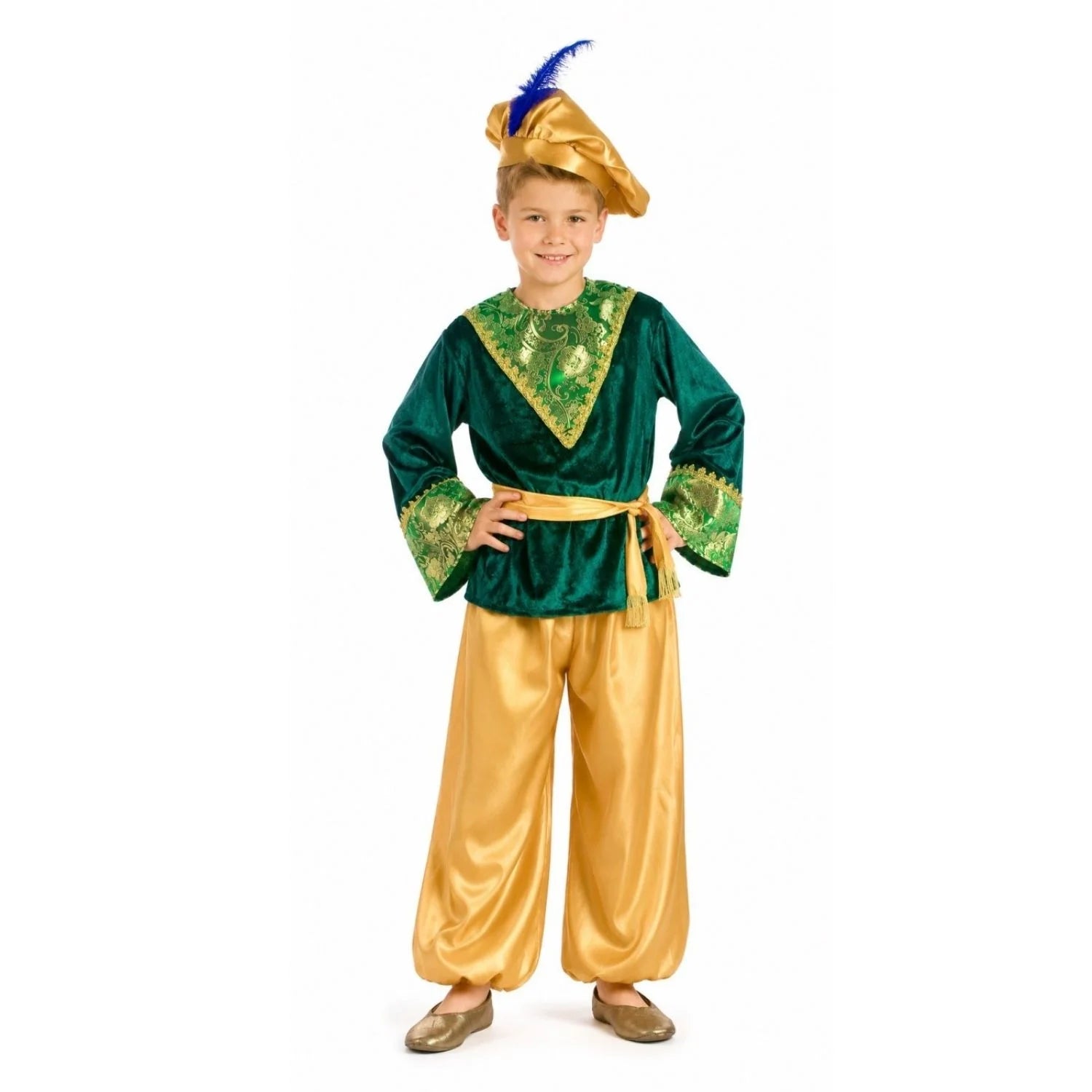 Disfraz paje rey Gaspar infantil verde y dorado para Navidad