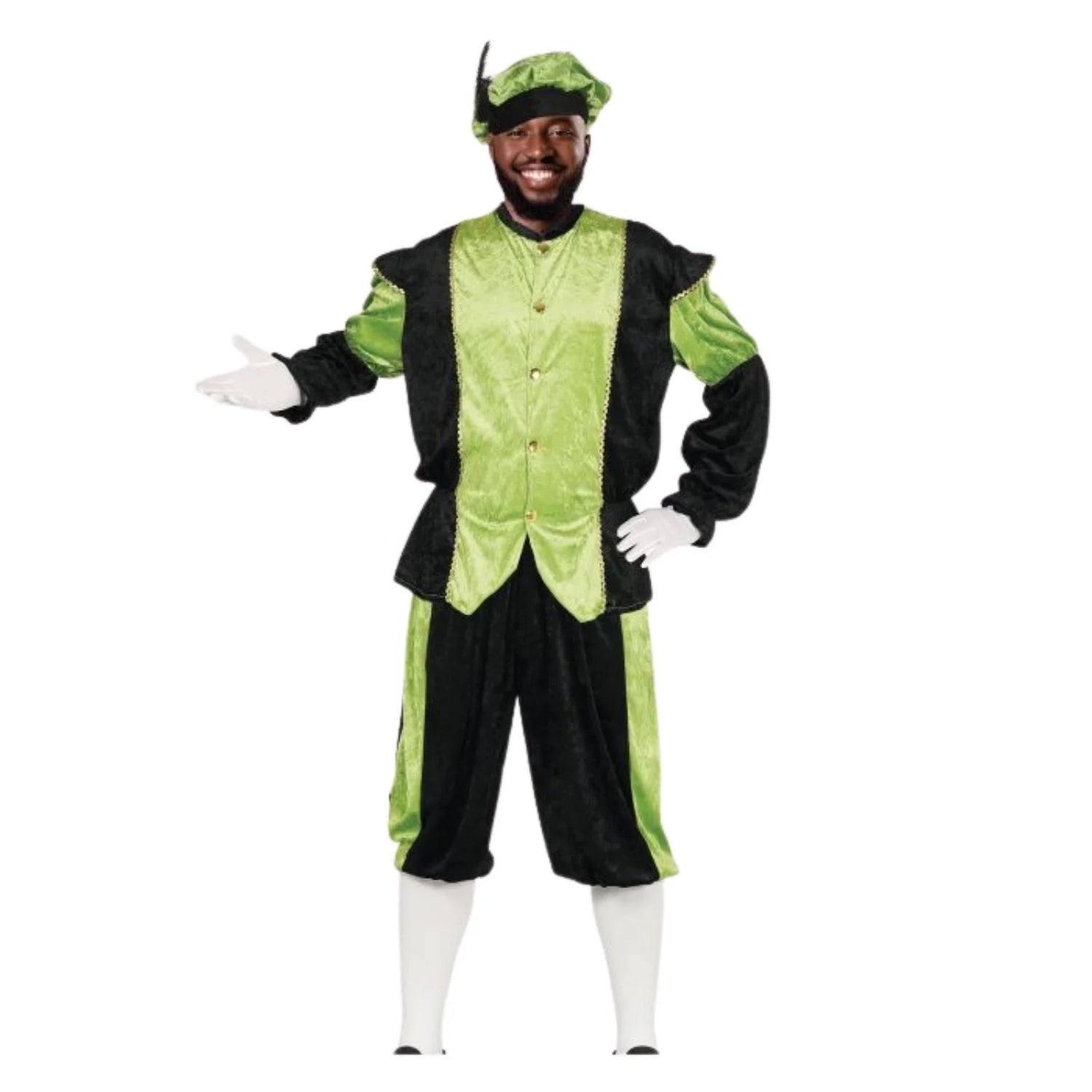 Disfraz de paje verde adulto con gorro camisa y pantalón para cabalgata de Reyes
