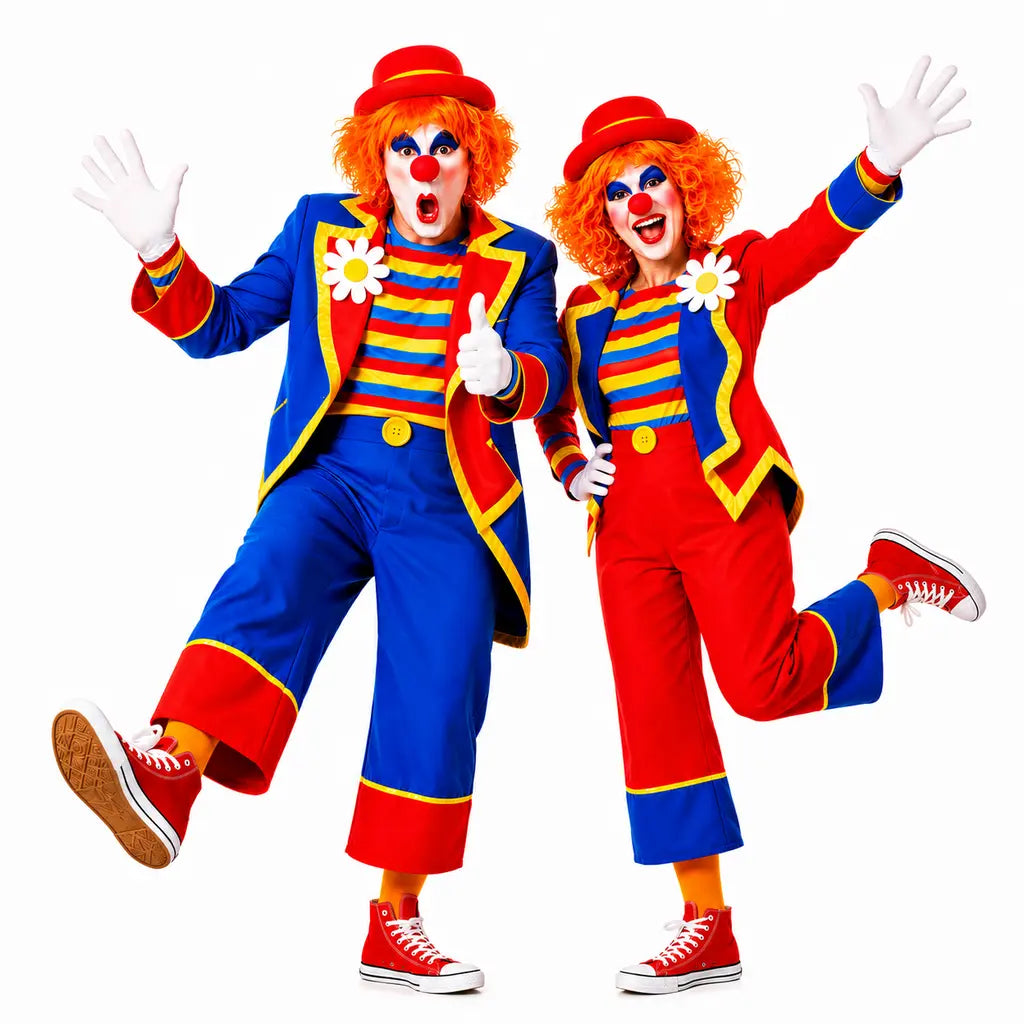 Pareja disfrazada de payasos coloridos para Carnaval y fiestas temáticas