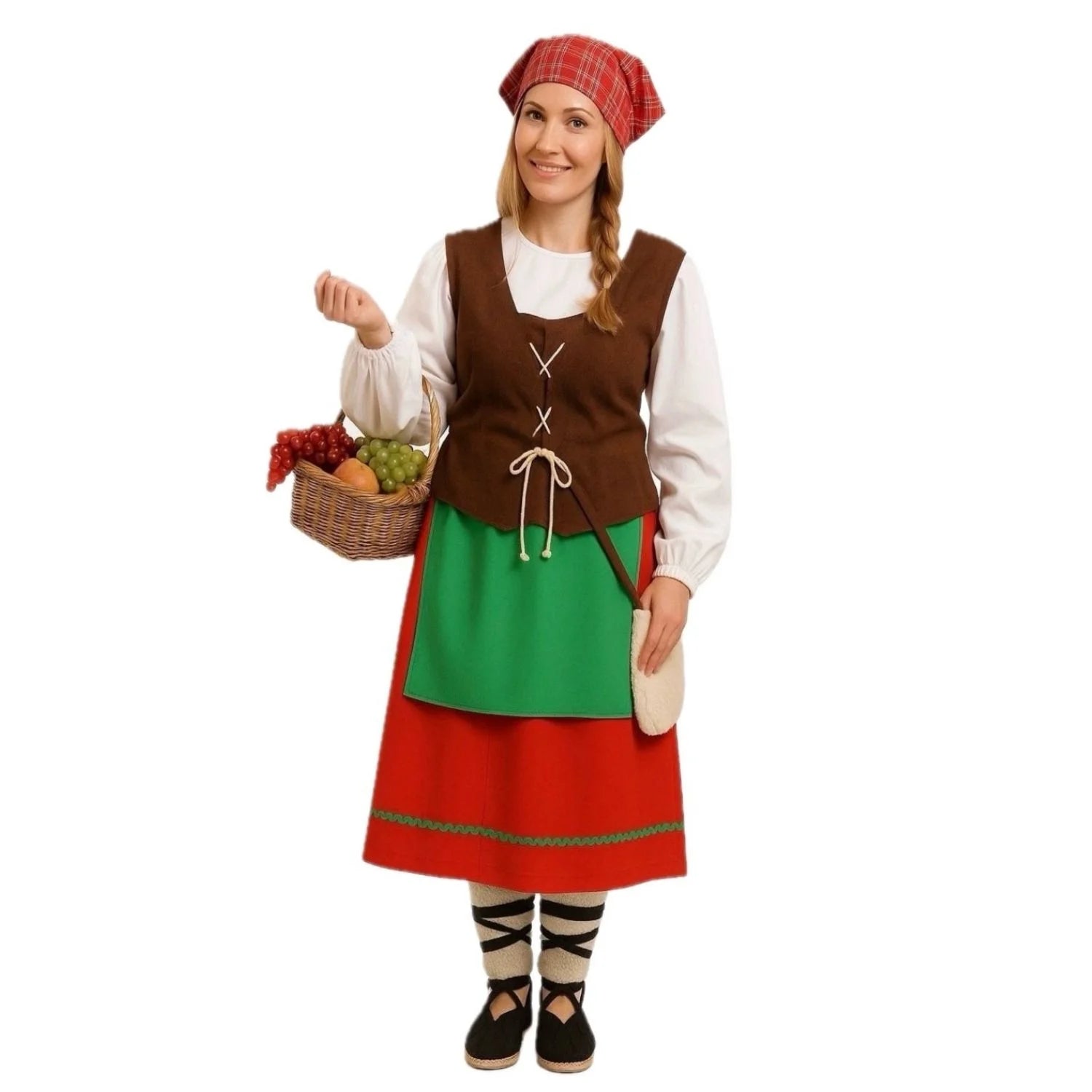 Mujer con disfraz de pastora tradicional para Navidad y belén viviente