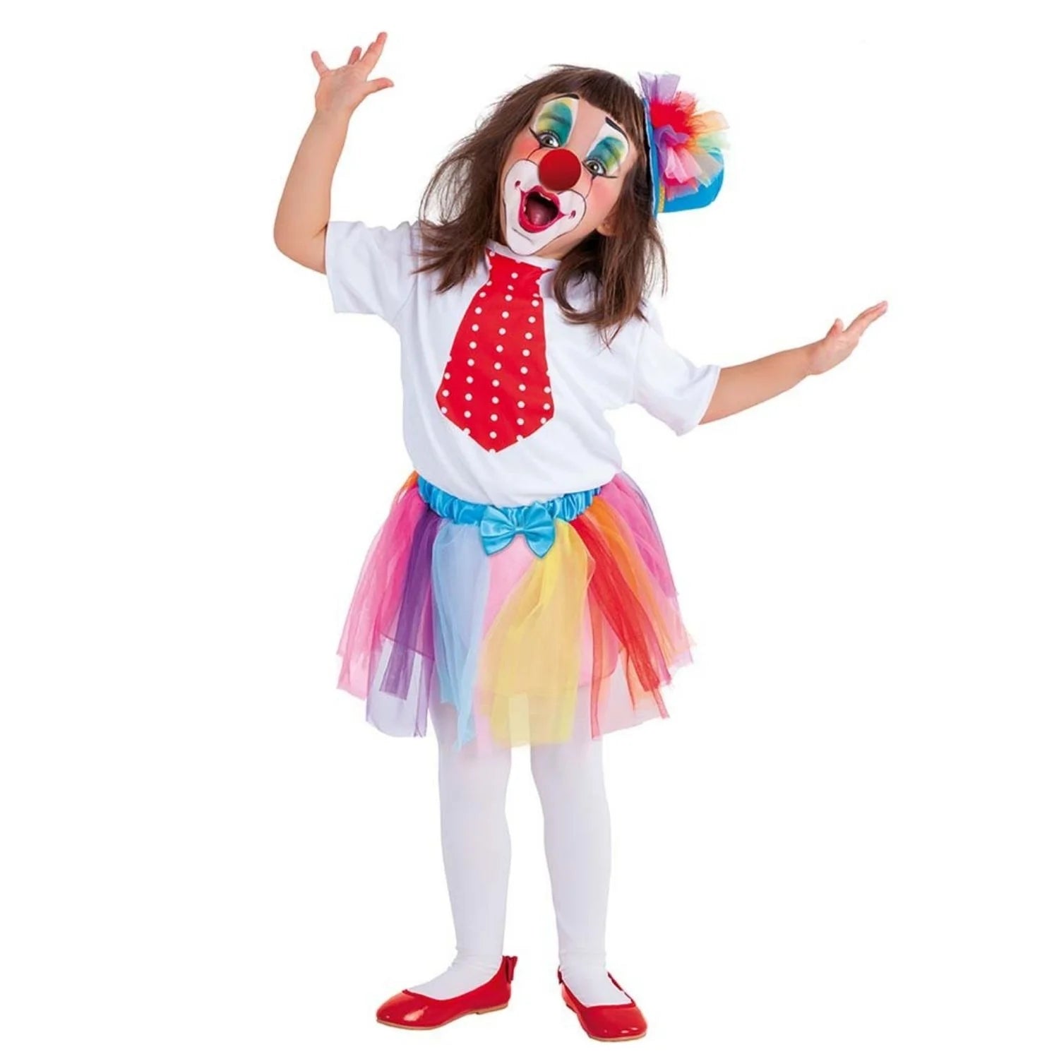 Disfraz Payasita infantil con falda multicolor y nariz roja