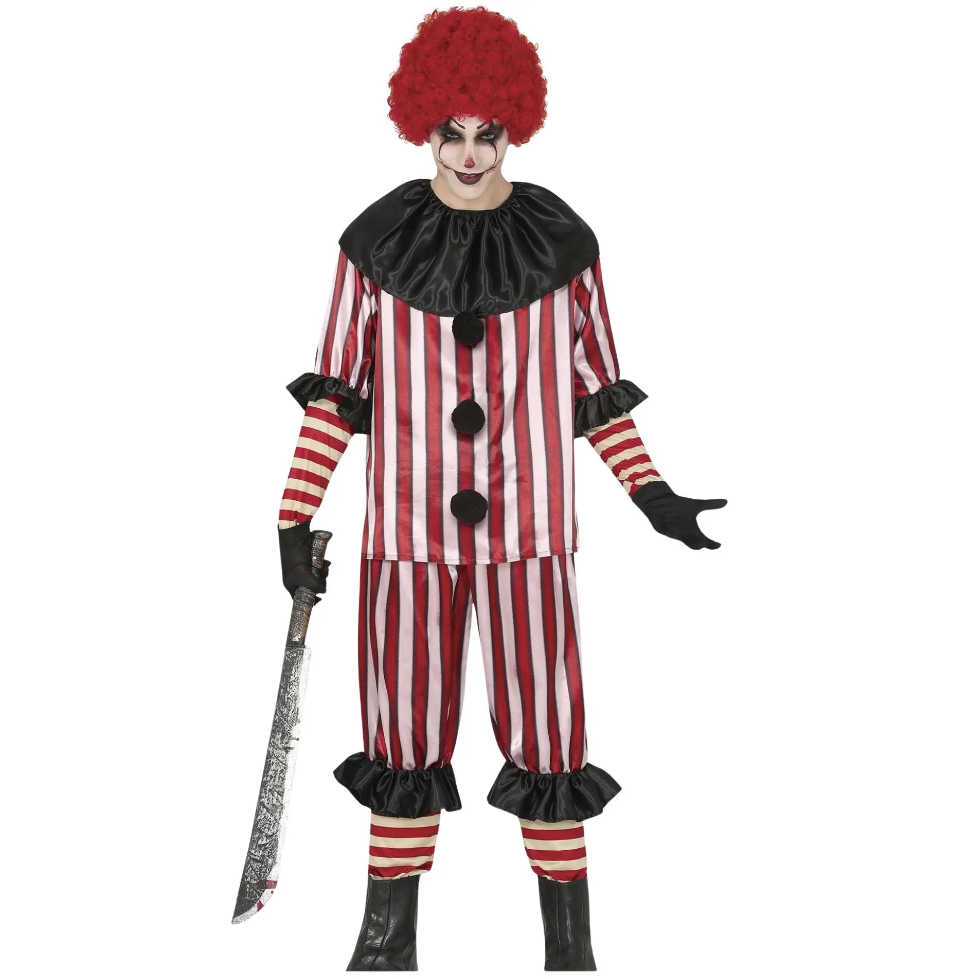 Disfraz de payaso malo para hombre con camisa pantalón y cuello estilo terrorífico de circo para Halloween