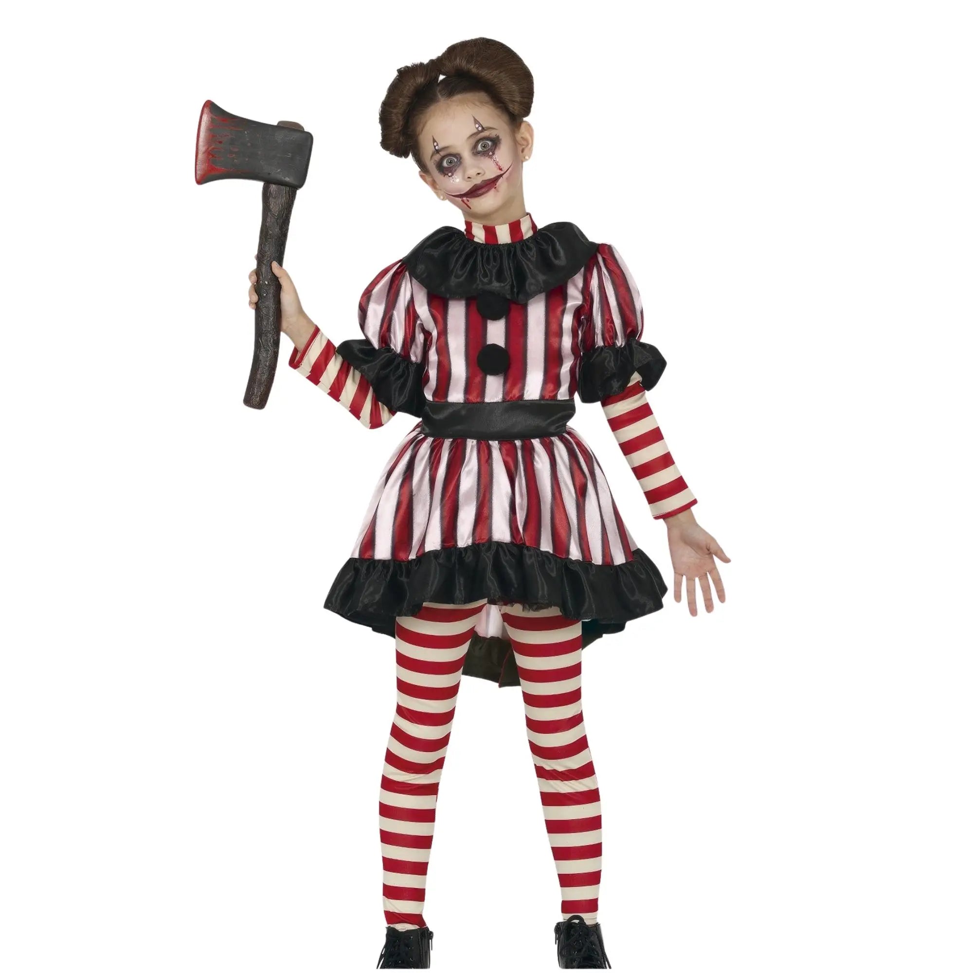 Disfraz de payasa mala para niña con vestido, pantalón y cuello estilo terrorífico para Halloween