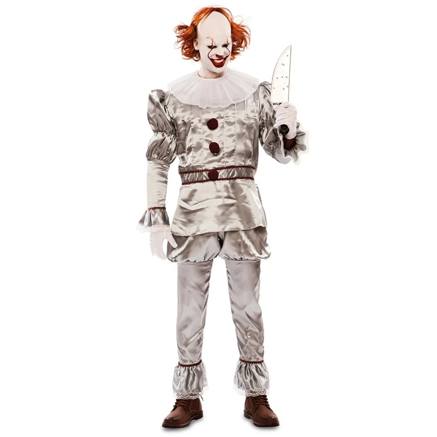 Hombre con disfraz de payaso diabólico plateado para Halloween con gorguera blanca