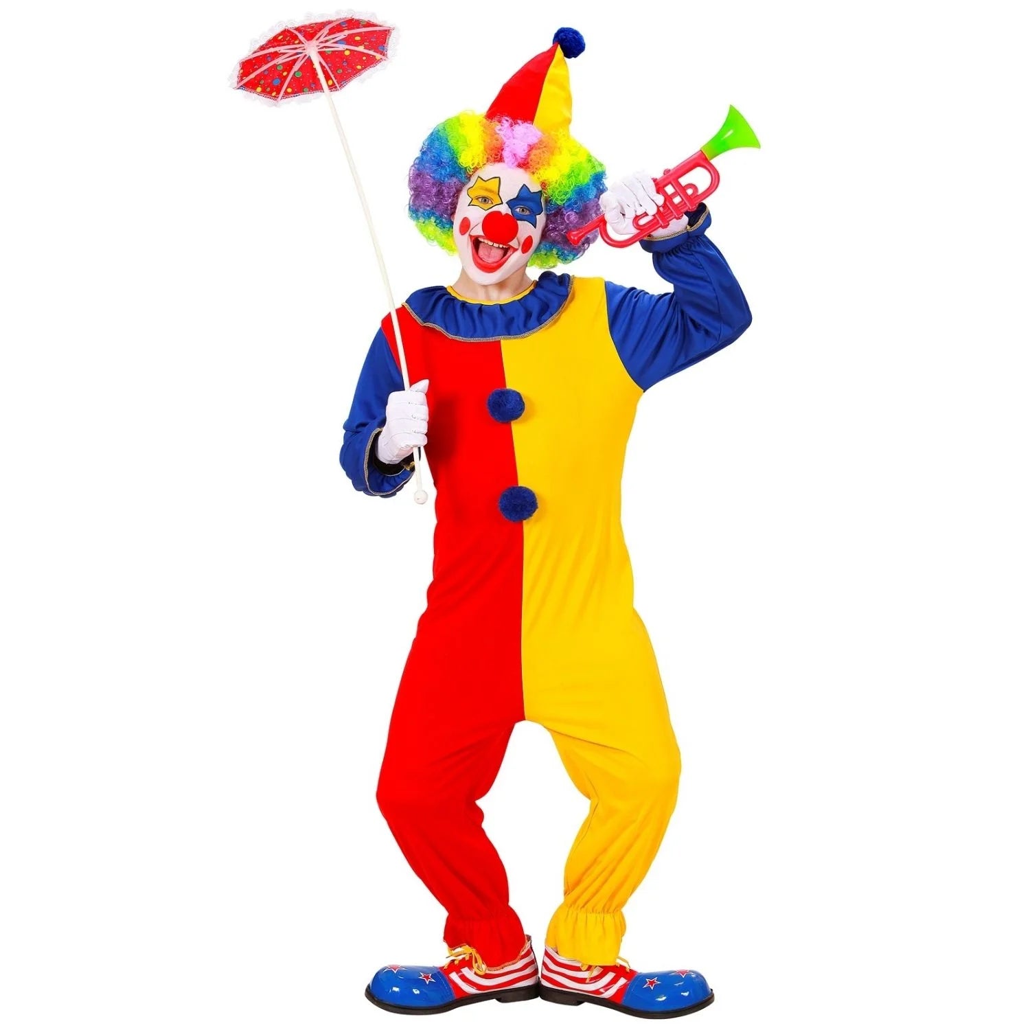 Disfraz payaso infantil con mono de colores y gorro para Carnaval