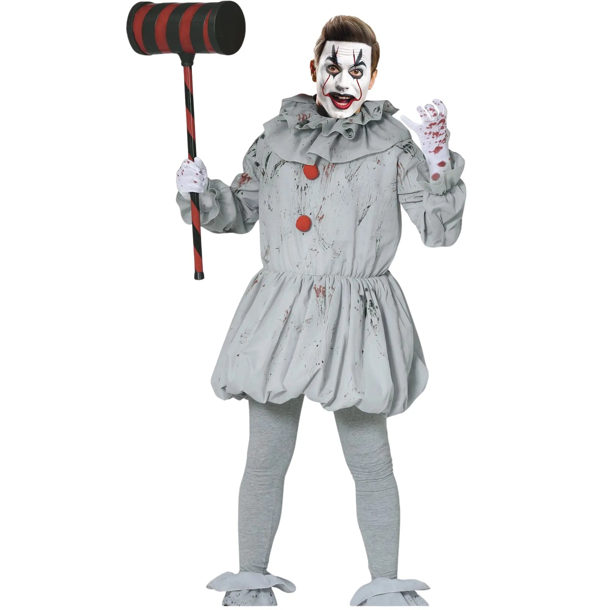 Disfraz de payaso asesino adulto gris con vestido manchas de sangre pompones rojos cuello y cubrebotas