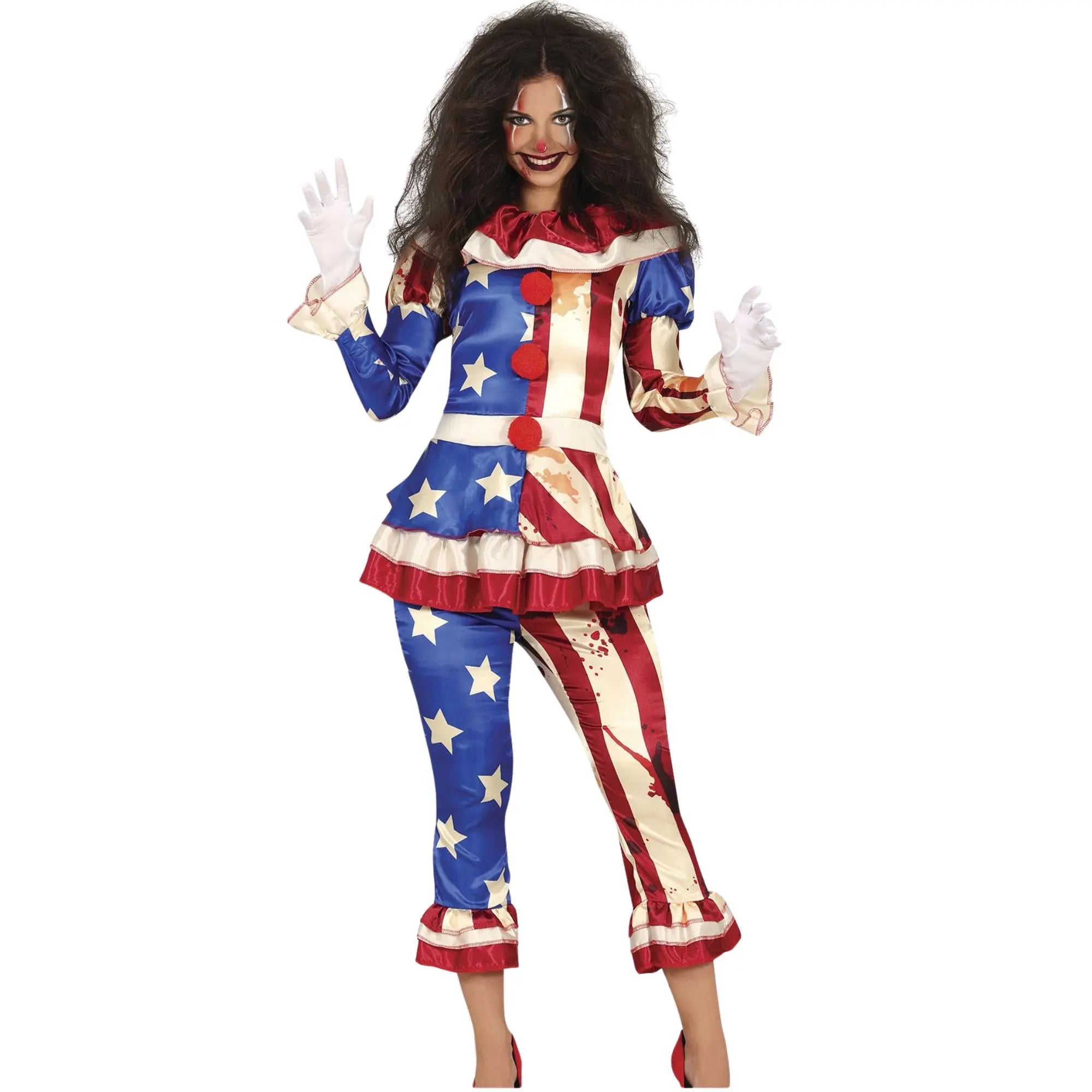 Disfraz payasa patriot mujer con pantalón y casaca estampada bandera de Estados Unidos