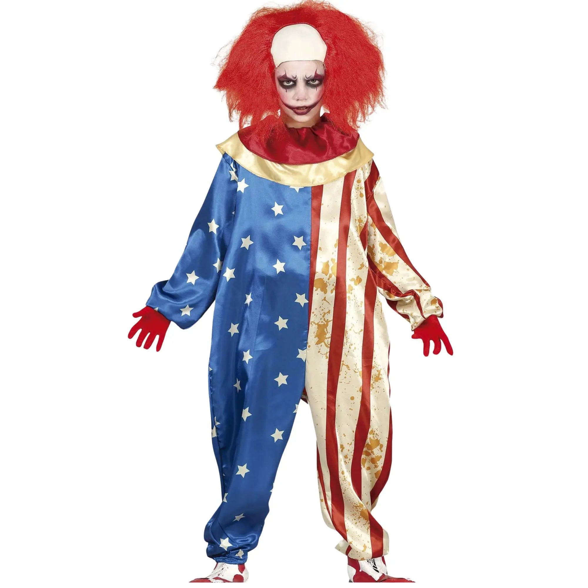 Disfraz de payaso patriot infantil con mono estampado bandera de Estados Unidos y cuello