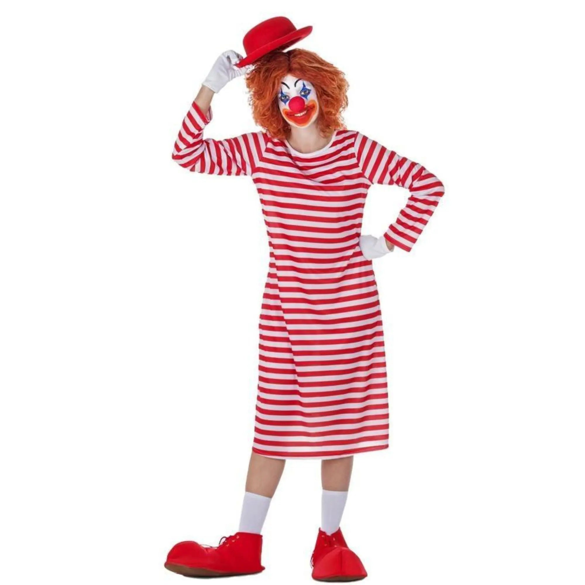 Disfraz de payasa de rayas largo para adulto con sombrero, nariz y cubrebotas estilo circo clown