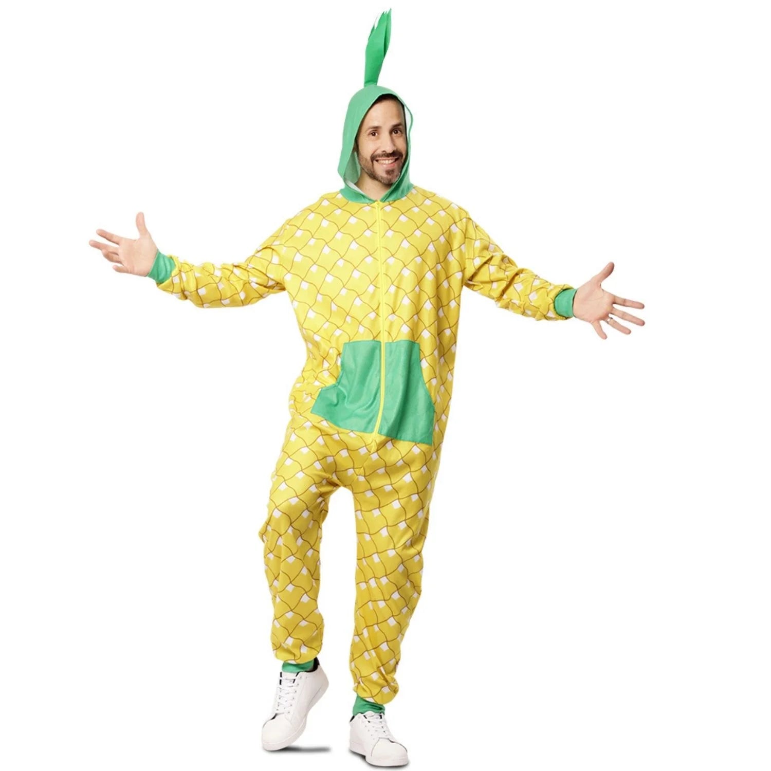 Hombre con disfraz de piña tropical amarillo con capucha verde para adulto