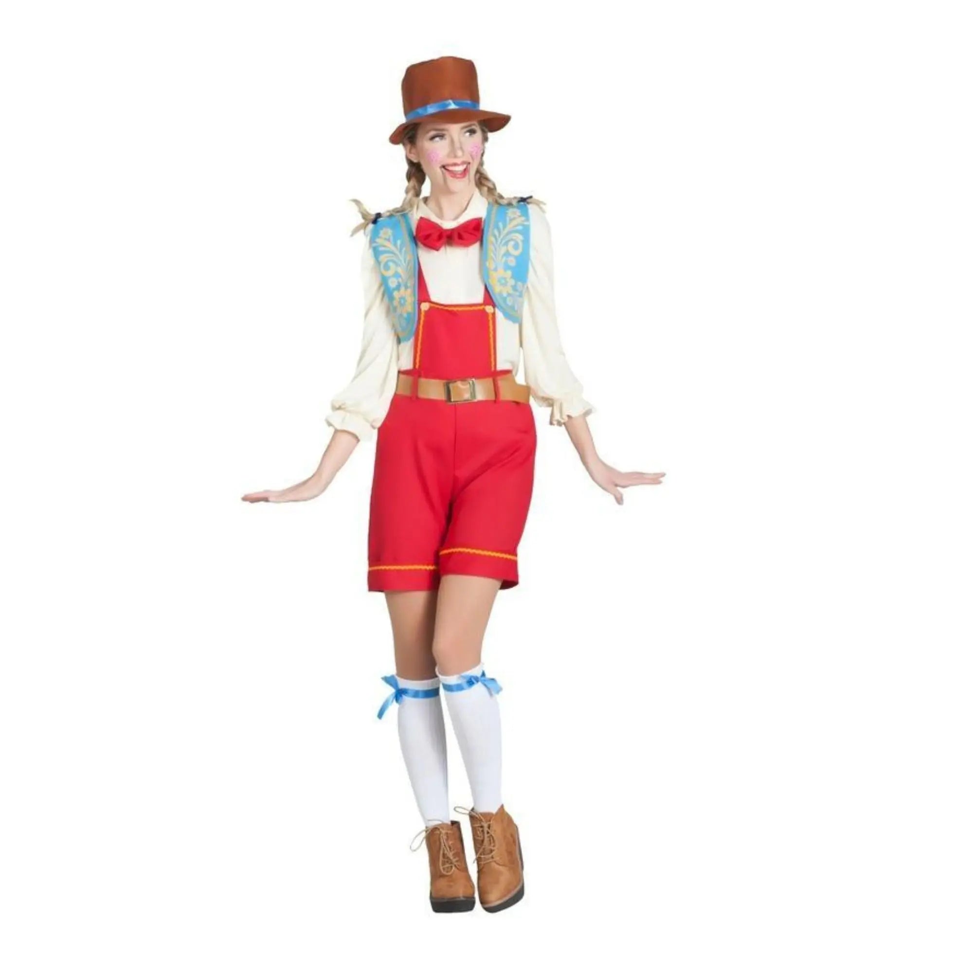 Disfraz de Pinocho para mujer con sombrero, chaleco, camisa con pajarita y pantalón con peto y tirantes