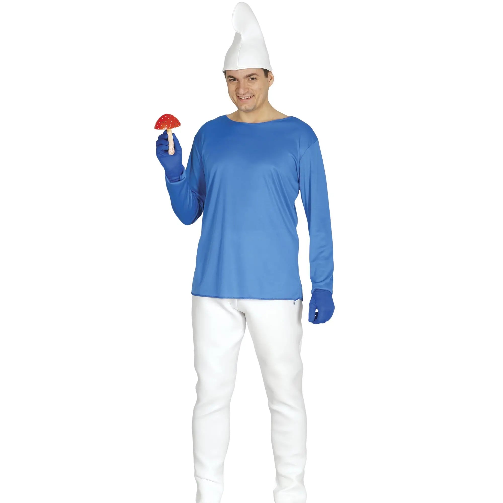 Disfraz de Pitufo para hombre con gorro blanco, camiseta y pantalón azul ideal para Carnaval y fiestas temáticas