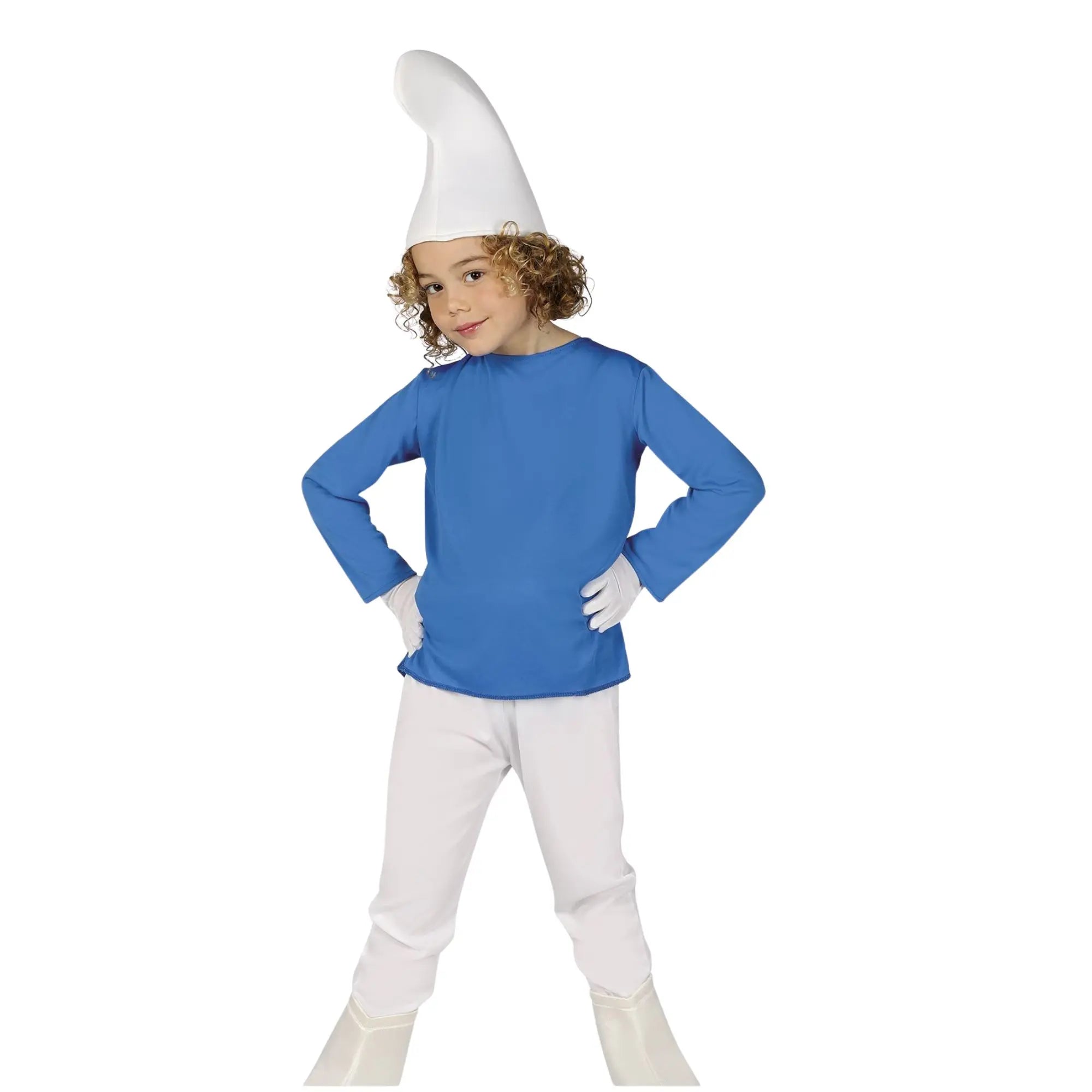 Disfraz de enanito azul infantil con gorro, camiseta y pantalón para Carnaval y fiestas escolares