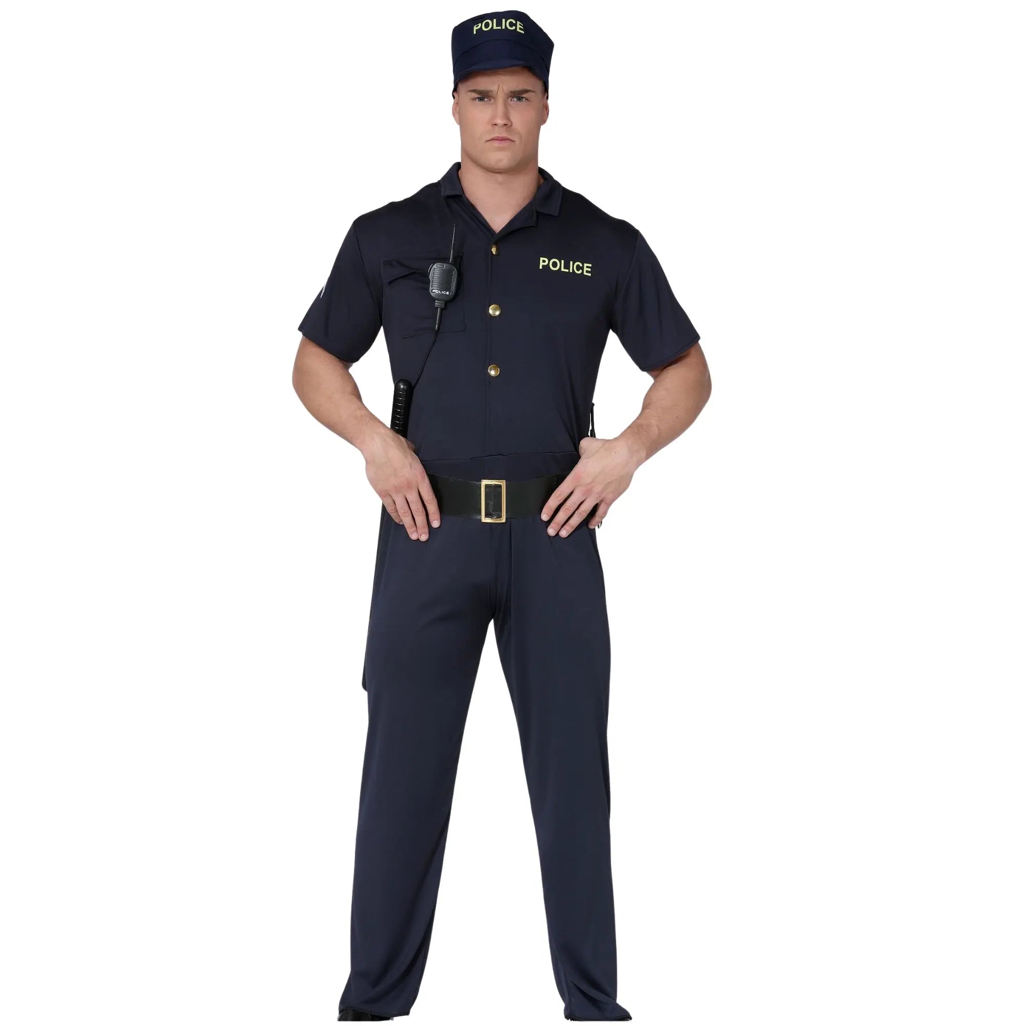 Disfraz de agente police para hombre con camisa, pantalón, gorra y cinturón para Carnaval