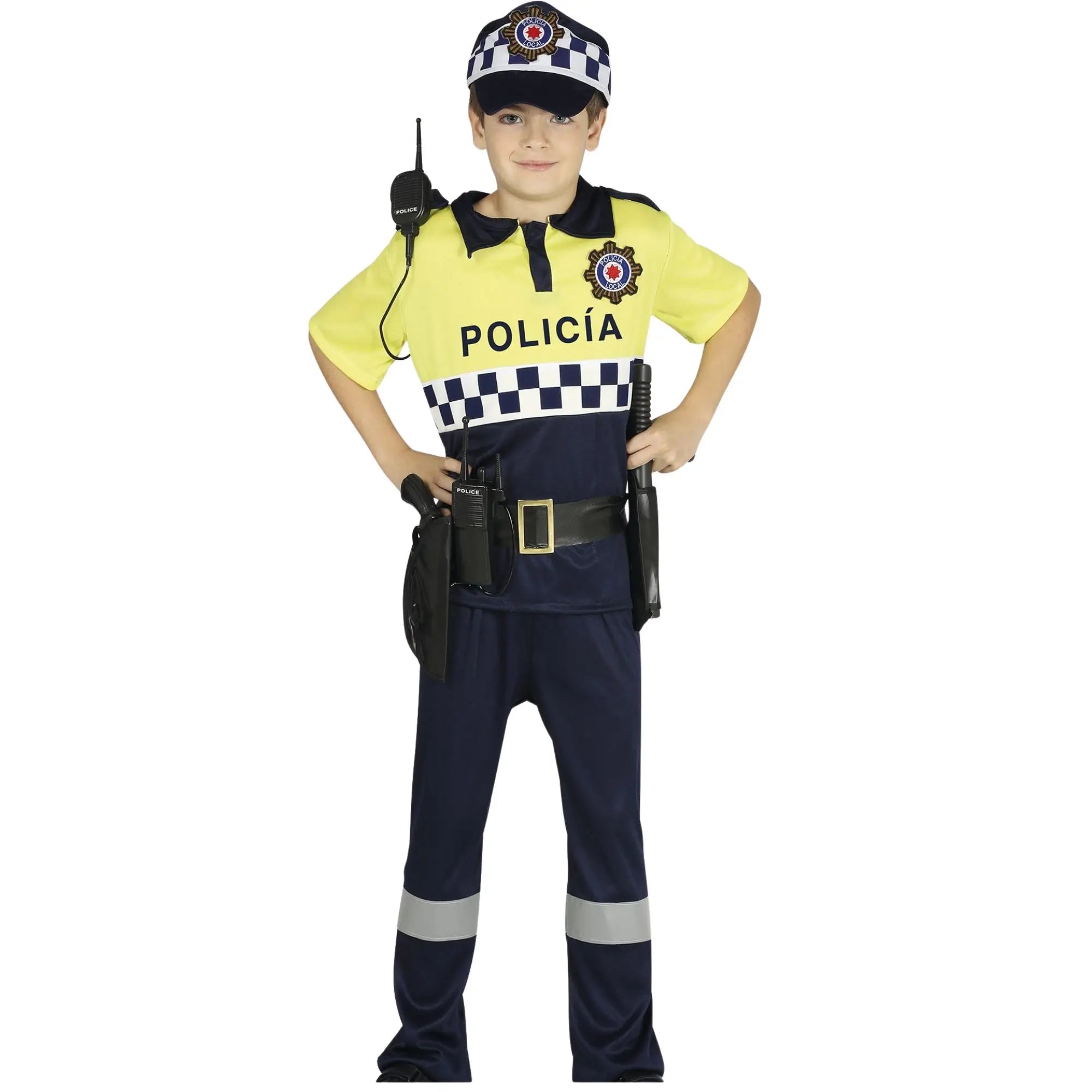 Disfraz de policía local infantil con gorra, camisa, pantalón y cinturón para Carnaval y fiestas escolares