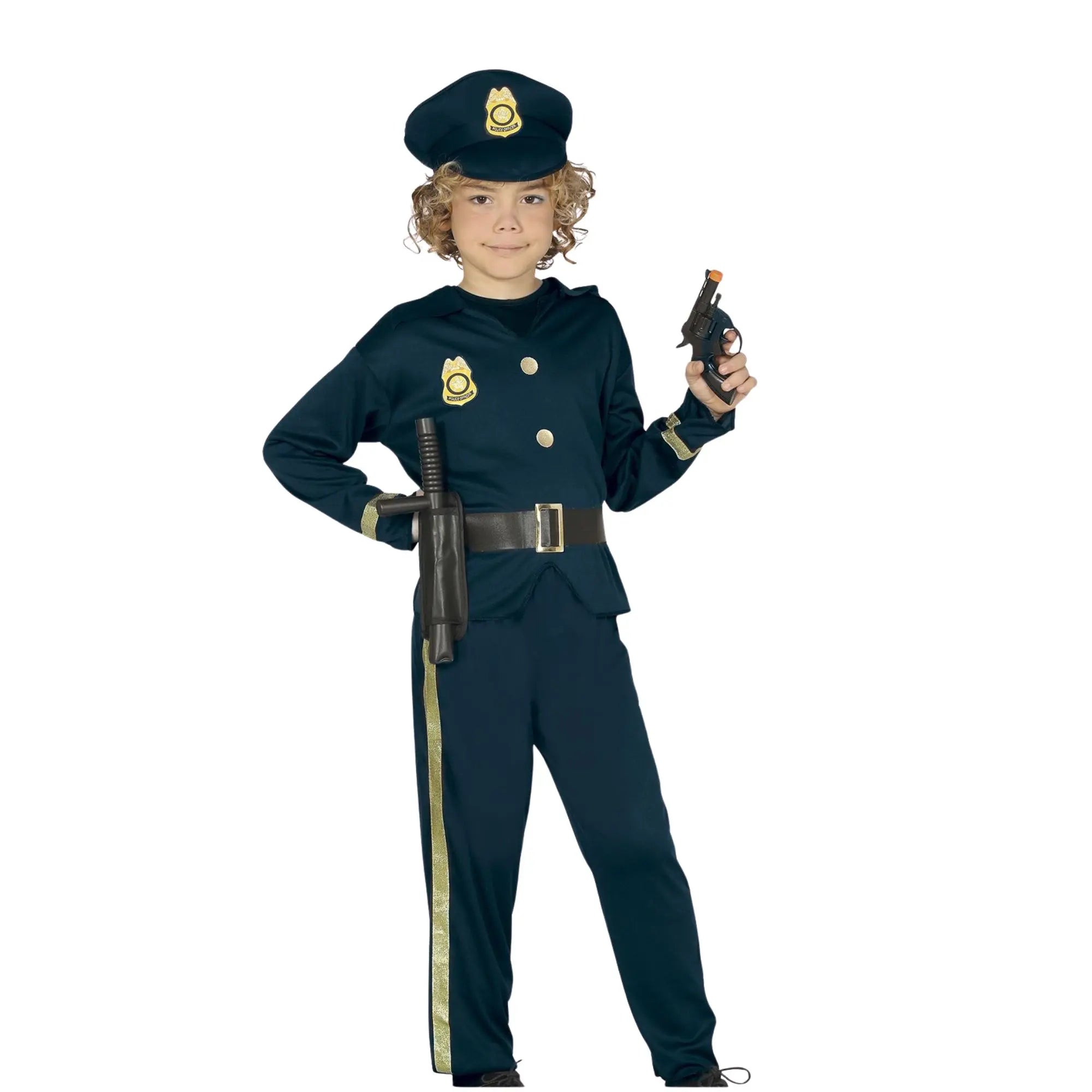 Disfraz de jefe de policía infantil con gorra, camisa, pantalón y cinturón para Carnaval y fiestas escolares