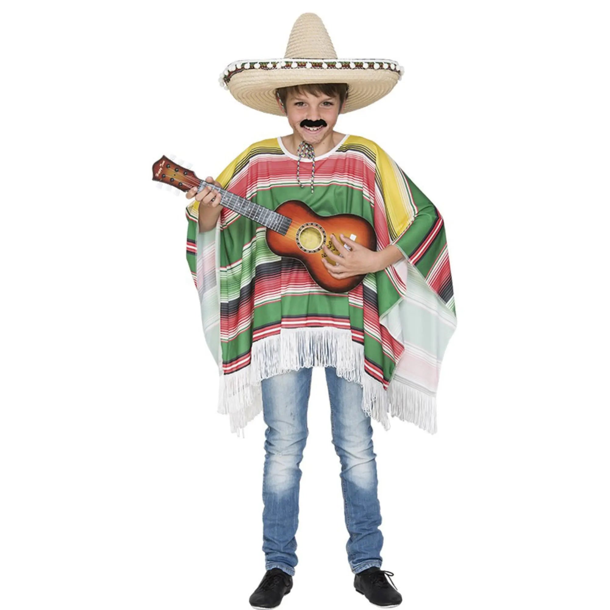 Poncho mexicano infantil de rayas multicolor para Carnaval y fiestas escolares