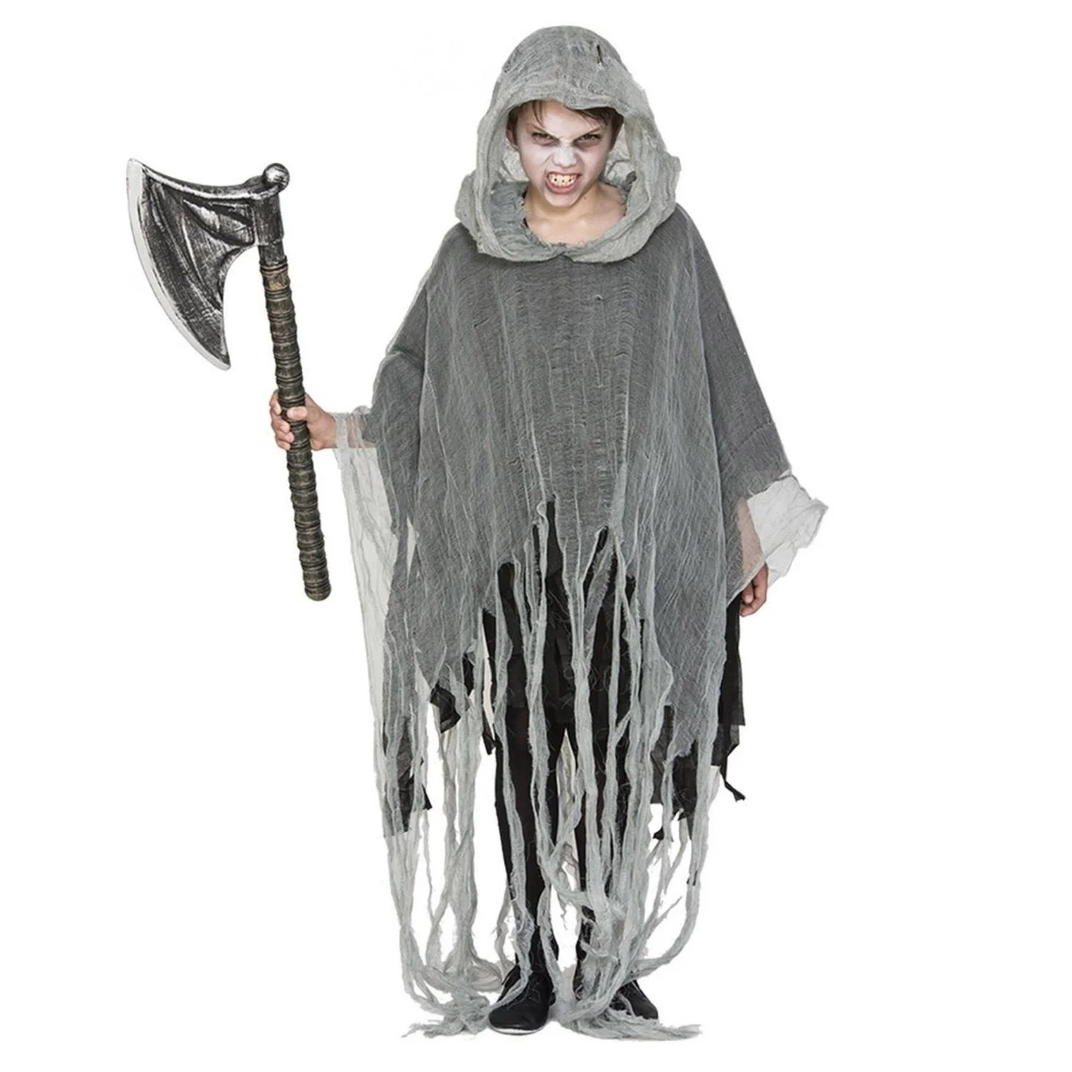 Niño con disfraz de poncho zombie gris infantil para Halloween