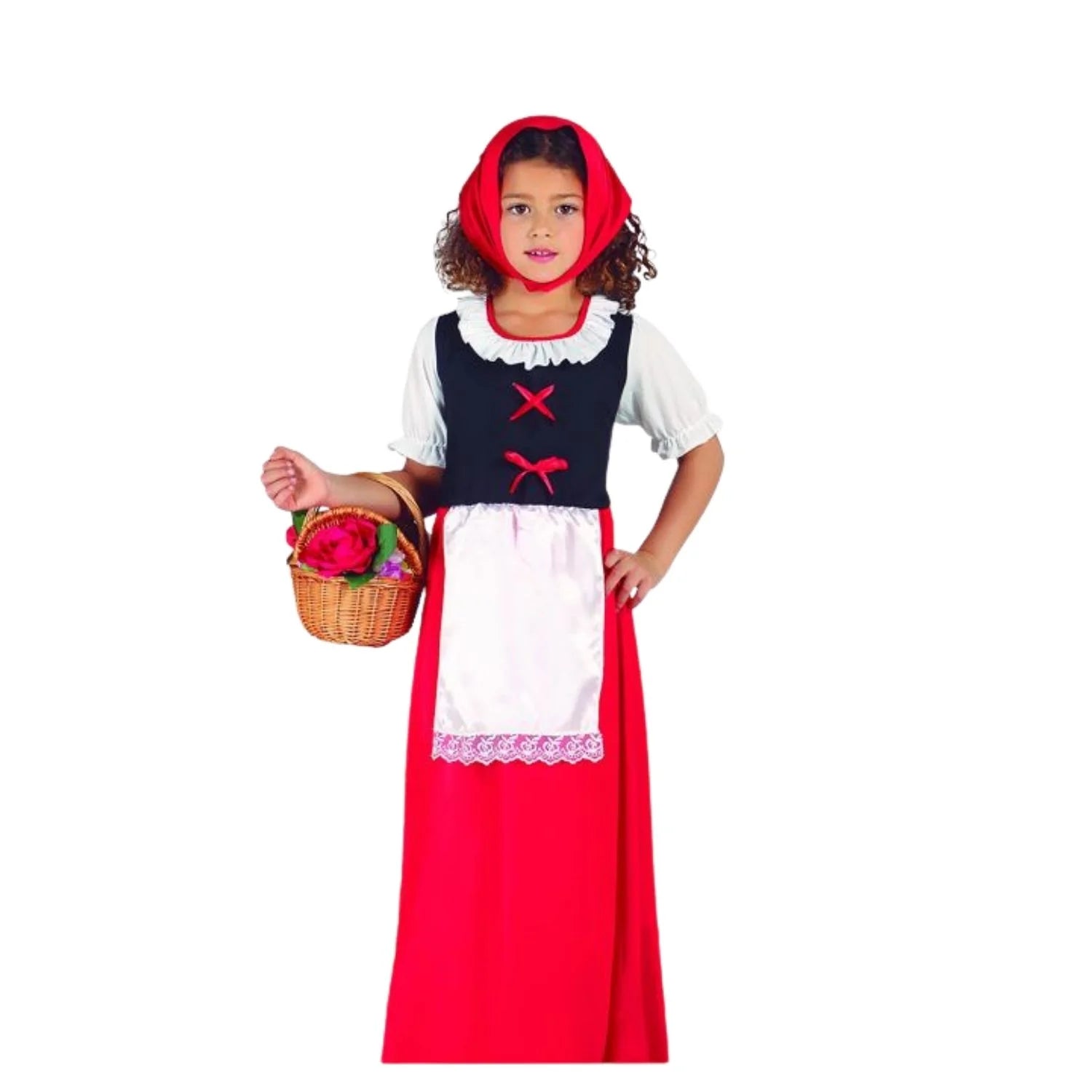 Niña con disfraz de posadera pastora con vestido, delantal y pañuelo para belén viviente