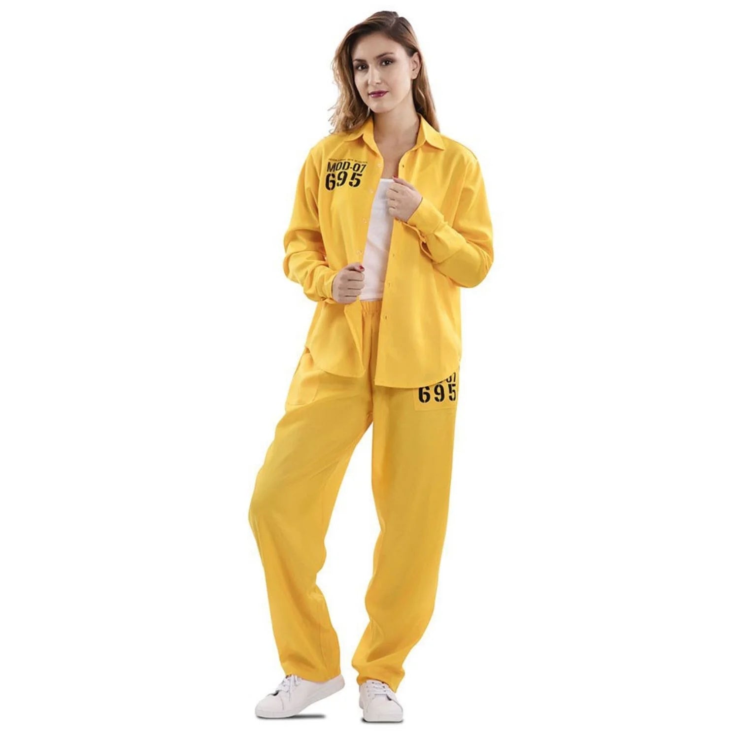 Mujer con disfraz amarillo de presa para adulto