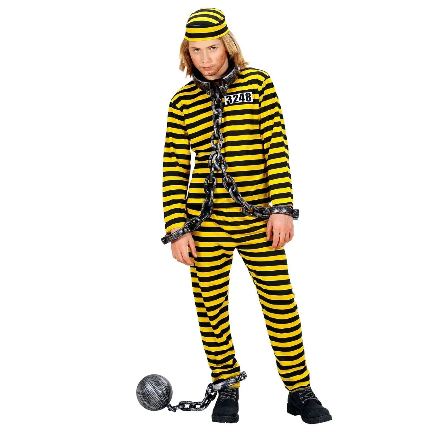 Niño con disfraz de Preso Amarillo infantil compuesto por chaqueta, pantalón y sombrero en colores amarillo y negro
