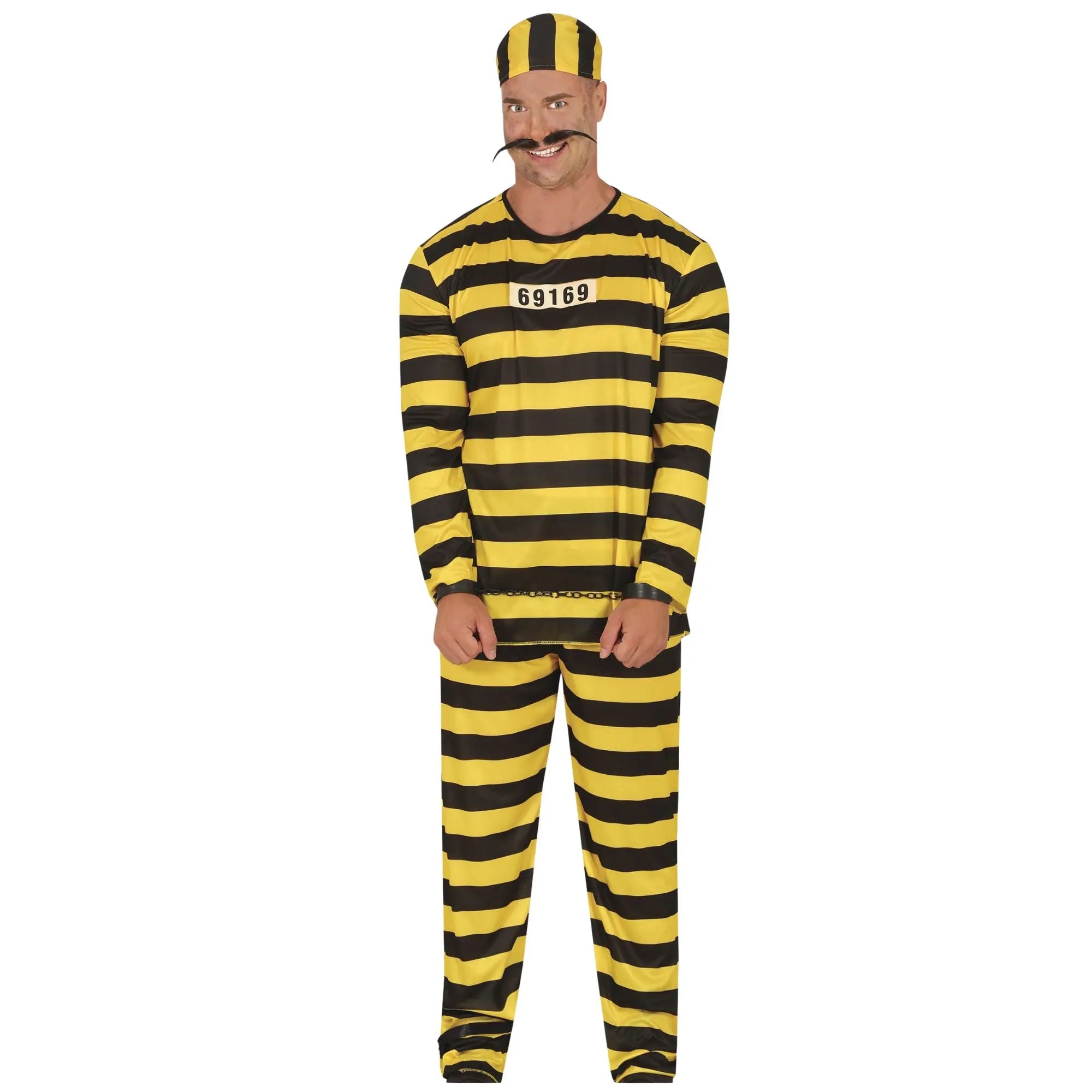 Disfraz de prisionero hombre con rayas amarillo y negro con gorro camiseta y pantalón para Carnaval