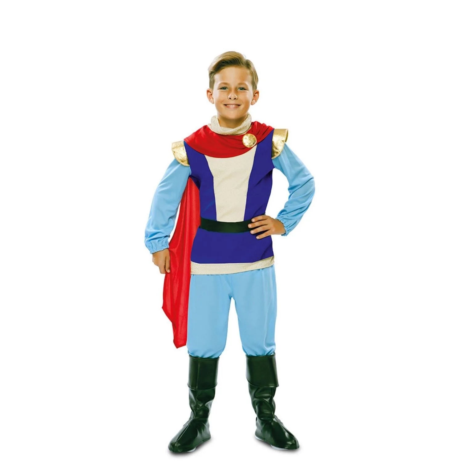 Niño con disfraz de príncipe azul infantil con capa roja