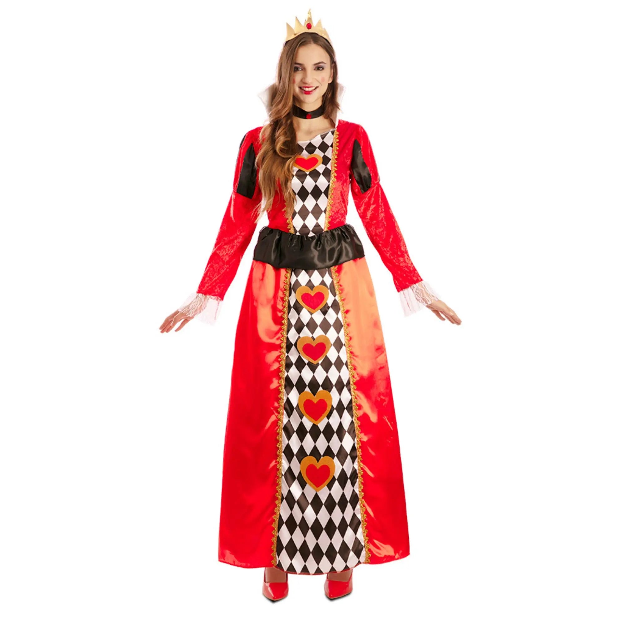 Disfraz de Reina de Corazones para mujer con vestido rojo, collar y tiara ideal para Carnaval y fiestas temáticas