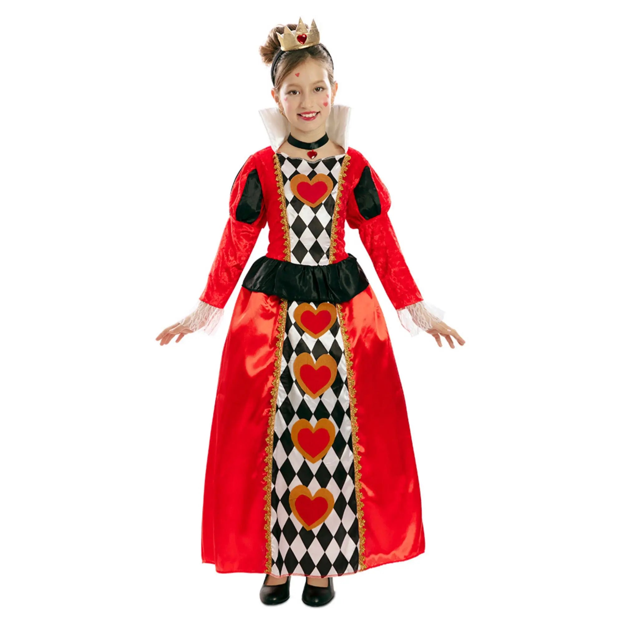 Disfraz de Reina de Corazones para niña con vestido rojo, collar y tiara ideal para Carnaval y fiestas temáticas