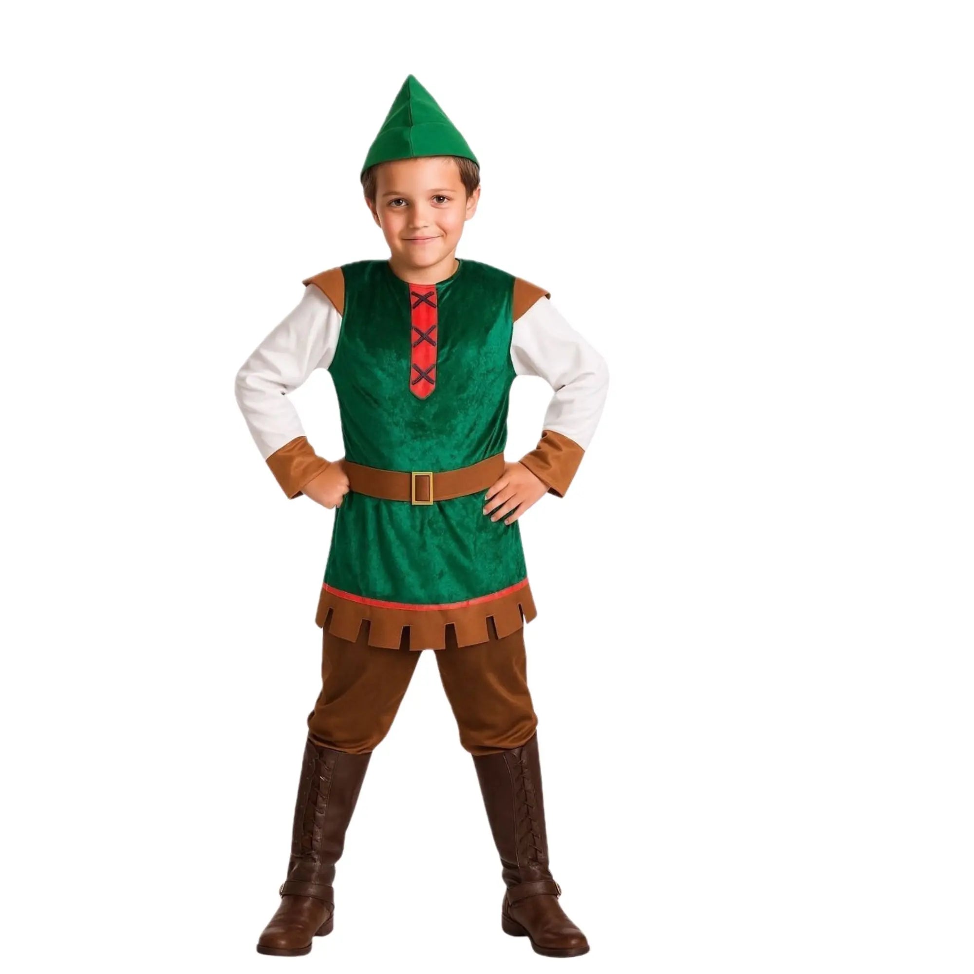 Disfraz de Robin Hood para niño con chaqueta, pantalón y sombrero con pluma medieval