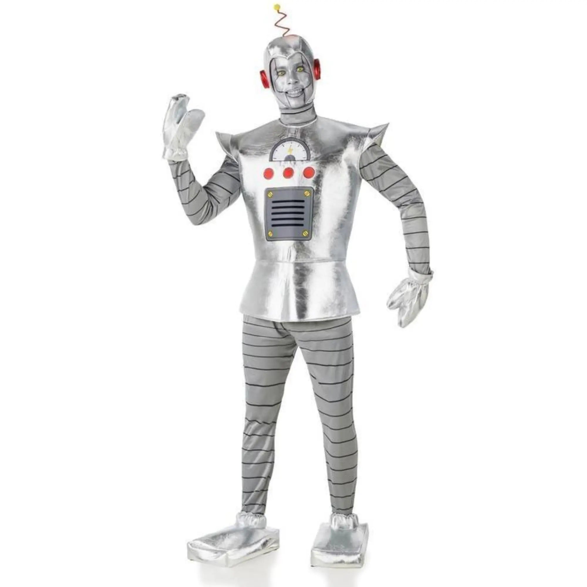 Disfraz de robot para hombre con capucha, cuerpo metálico, guantes y cubre zapatos para Carnaval