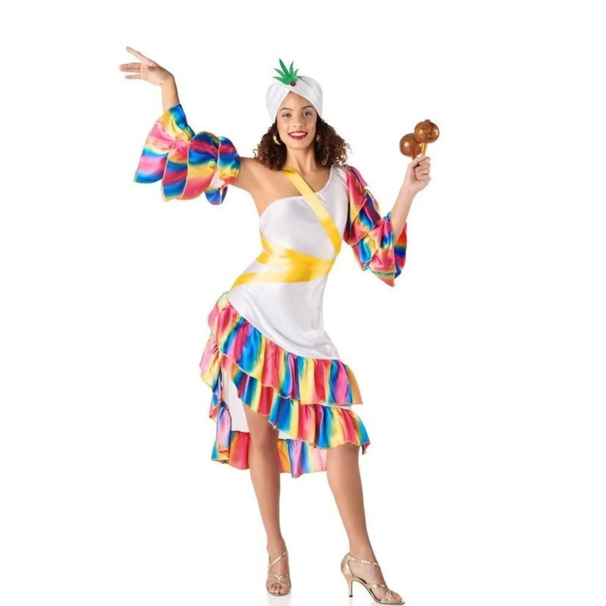 Disfraz de rumbera para mujer con vestido y volantes coloridos ideal para Carnaval