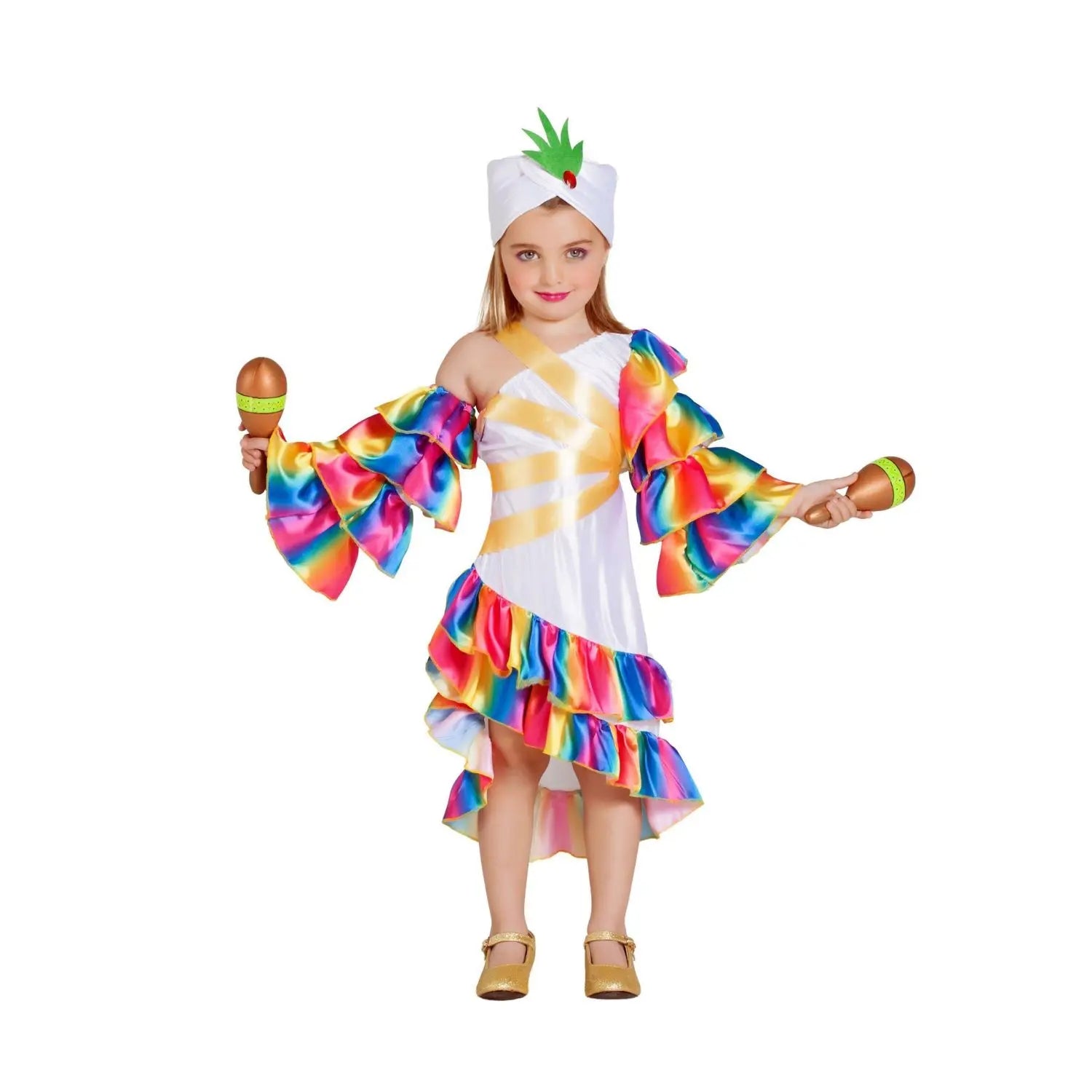 Disfraz de rumbera para niña con vestido y volantes coloridos