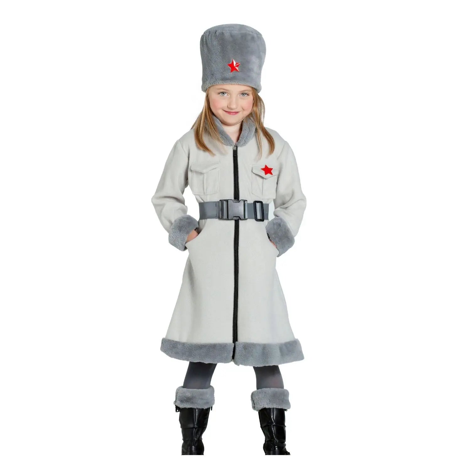 Disfraz de espía rusa para niña con gorro abrigo cinturón y cubrebotas ideal para Carnaval