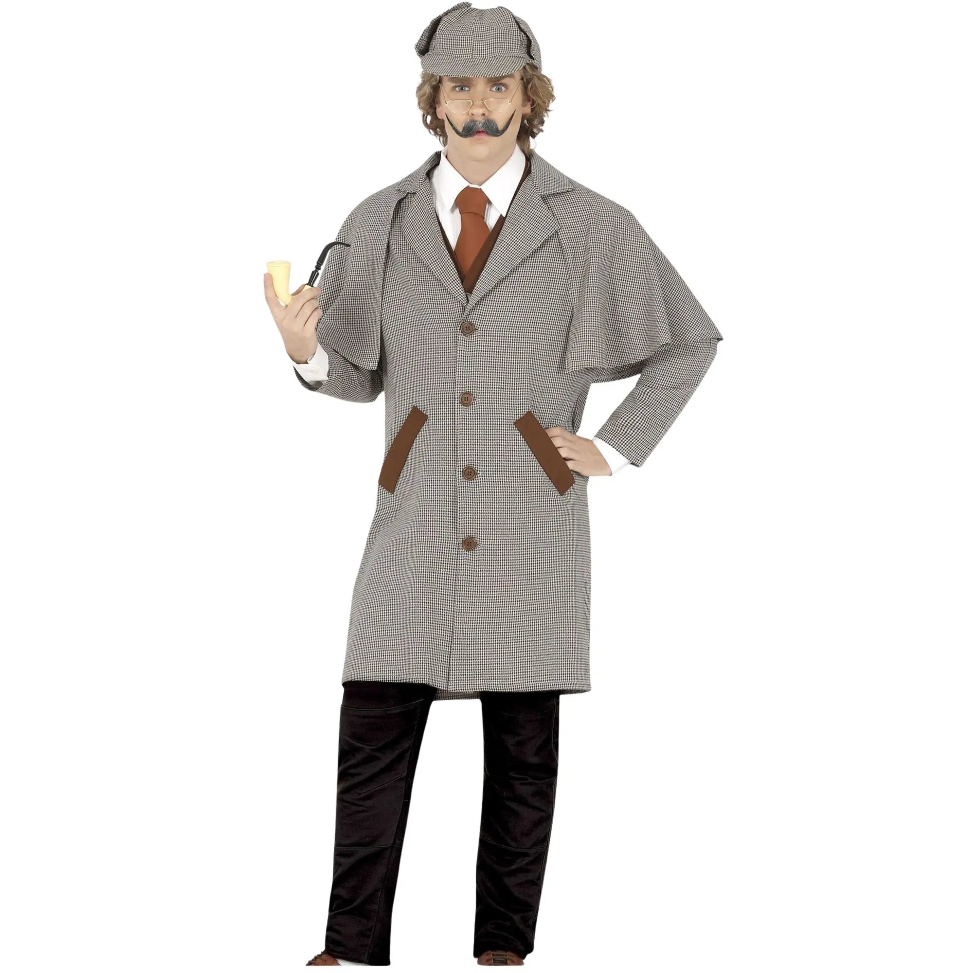 Disfraz de investigador adulto con chaqueta, chaleco y gorra estilo detective clásico para Carnaval