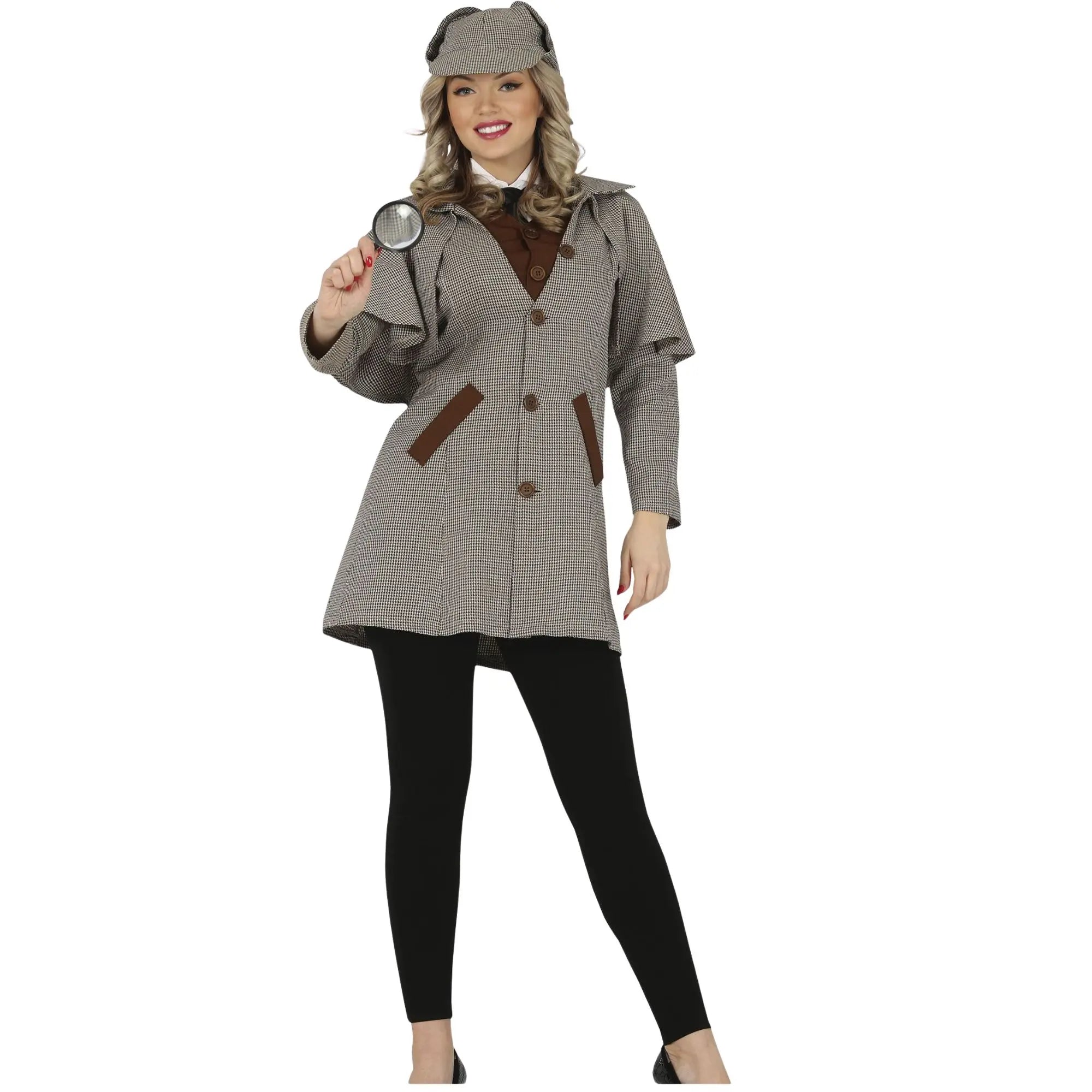 Disfraz de investigadora adulta con chaqueta, chaleco y gorra estilo detective clásico para Carnaval