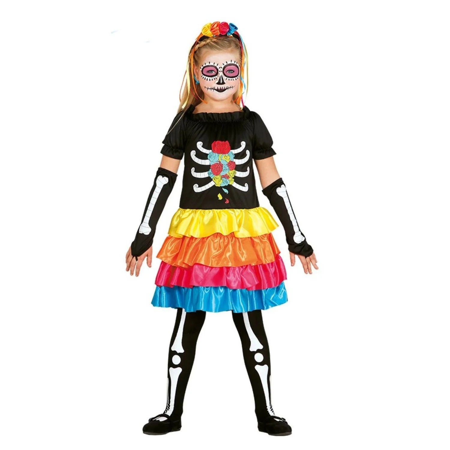Disfraz skeleton para niña con vestido y manguitos para Halloween