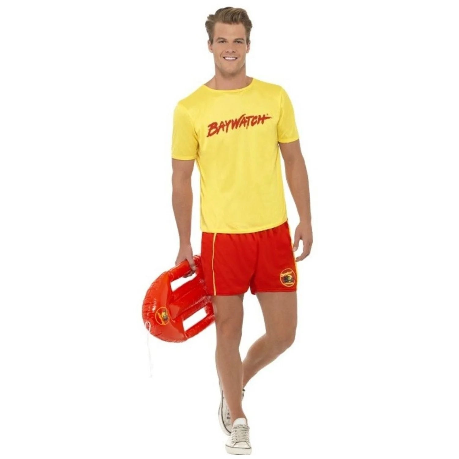 Disfraz de socorrista de la playa para chico con camiseta amarilla y pantalón rojo
